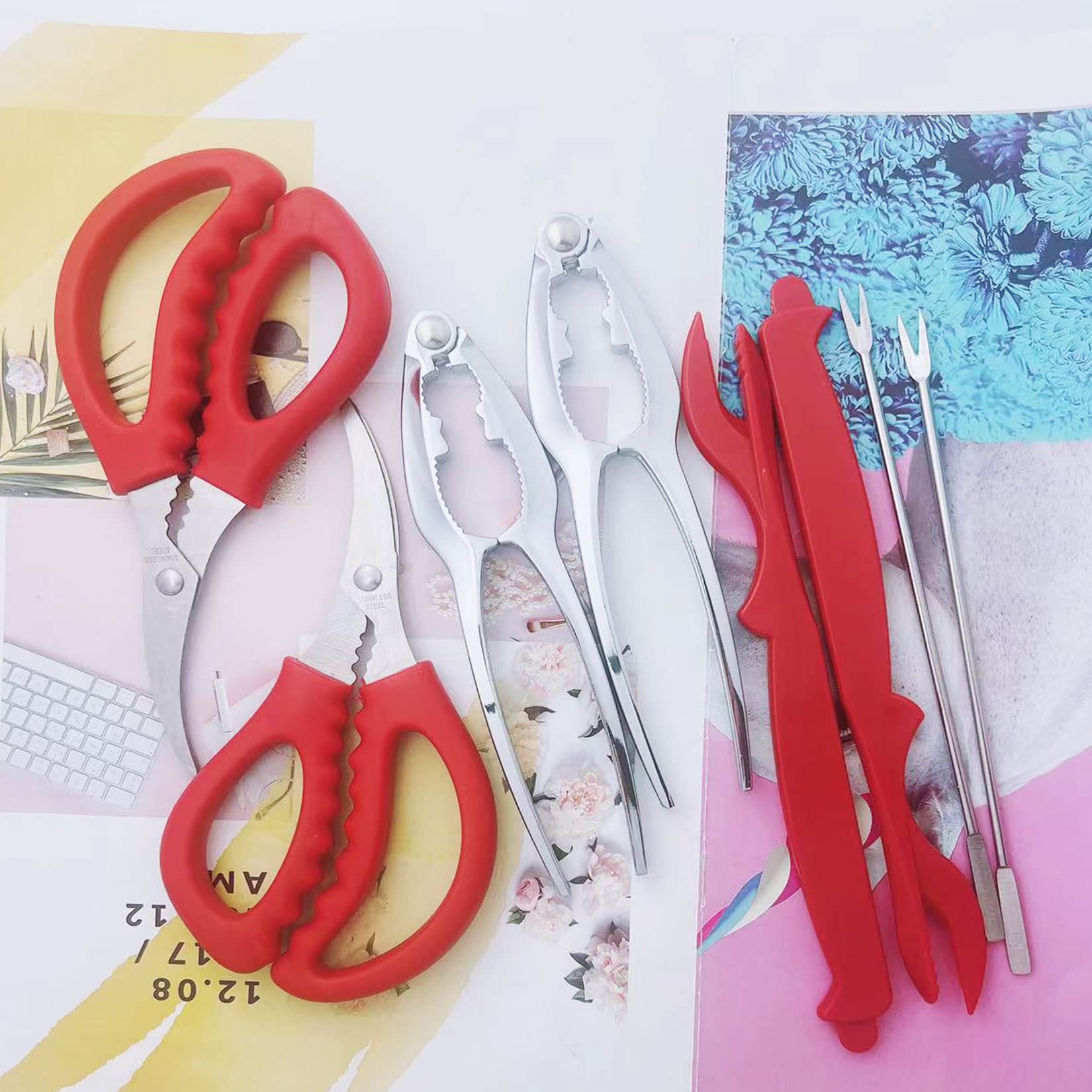 Luckkyme Seafood Tools, Lobster Crab Crackers Lobster Shellers Seafood Forks Seafood Forks(8 Pieces, Red)