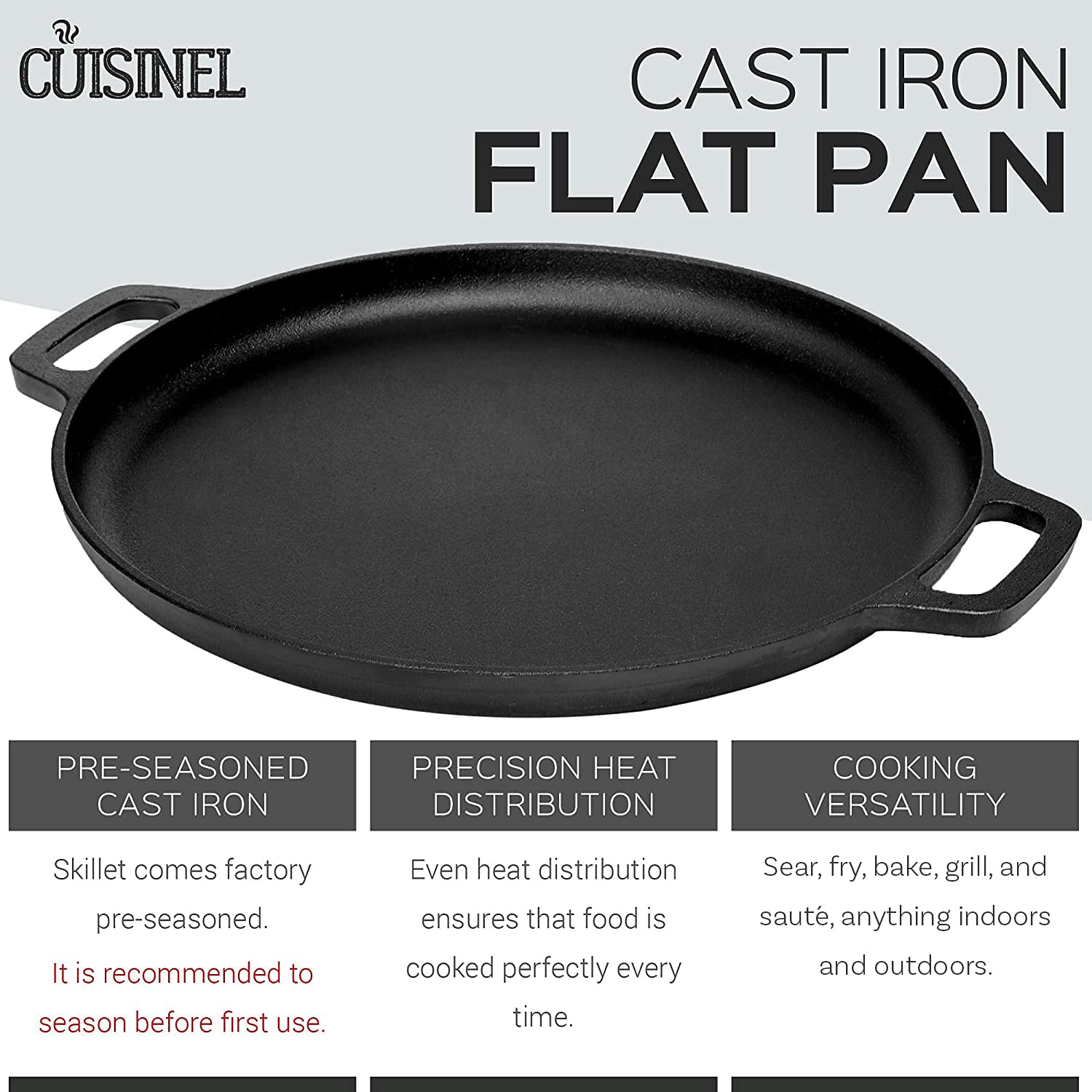 Cuisinel Pre-Seasoned Cast Iron Pizza And Baking Pan (13.5 Inch) Natural Finish, Enhanced Heat Retention And Dispersion - Stove,