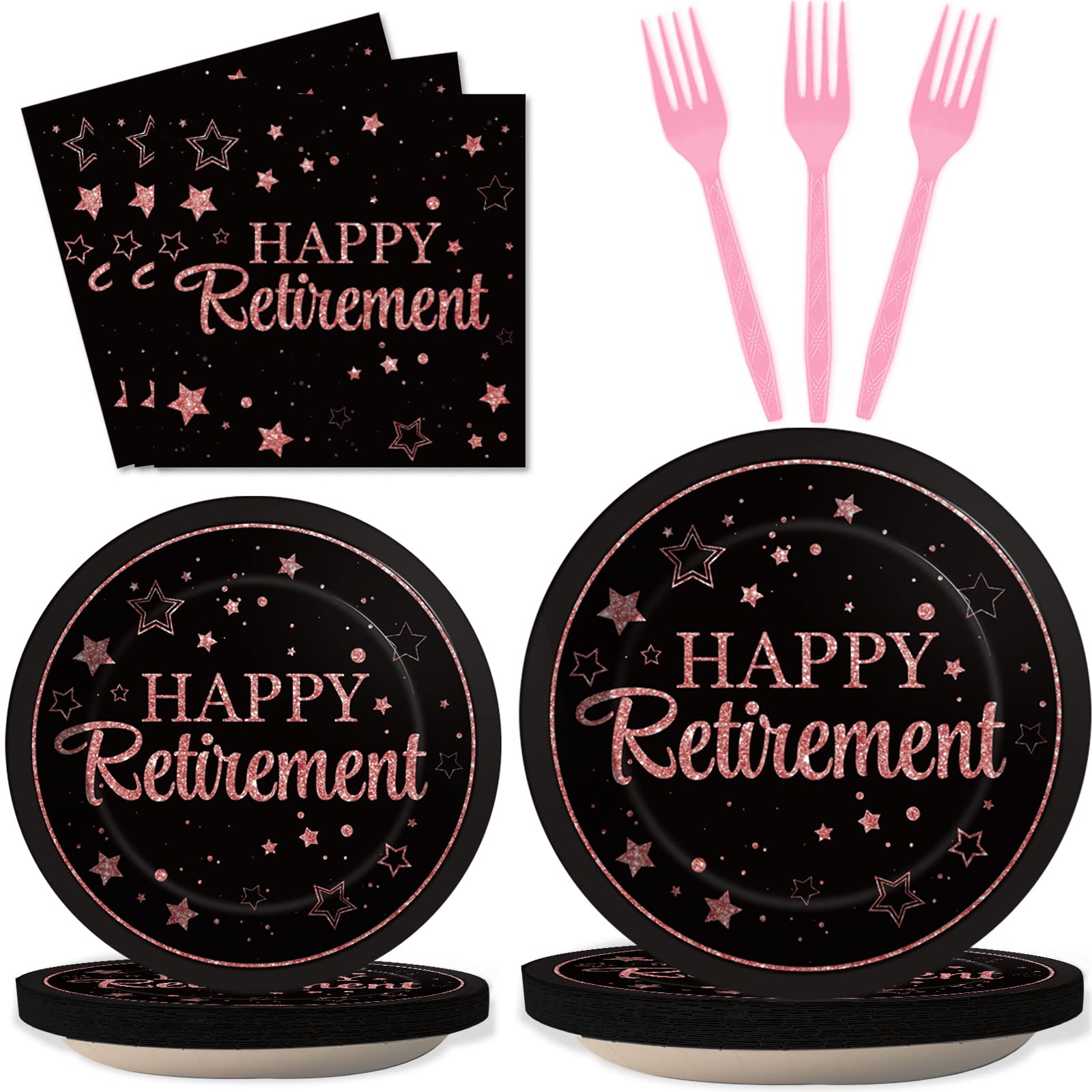 Wiooffen 96 Pcs Retirement Party Plates Napkins Tableware Set Rose Gold Happy Retirement Supplies Disposable Dinnerware Decorati