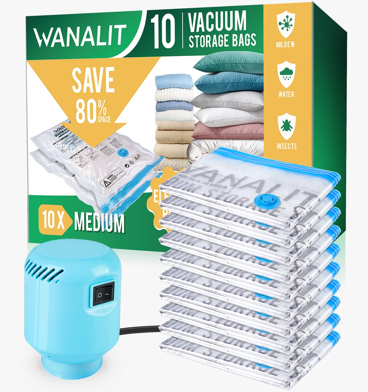 Vacuum Storage Bags with Electric Air Pump  15 Pack (3 Jumbo  3 Large  3 Medium  3 Small  3 Roll Up Vacuum Sealer Bags) Space Saver Bag for Clothes  Blanket  Duvets  Pillows  Comforters  Travel