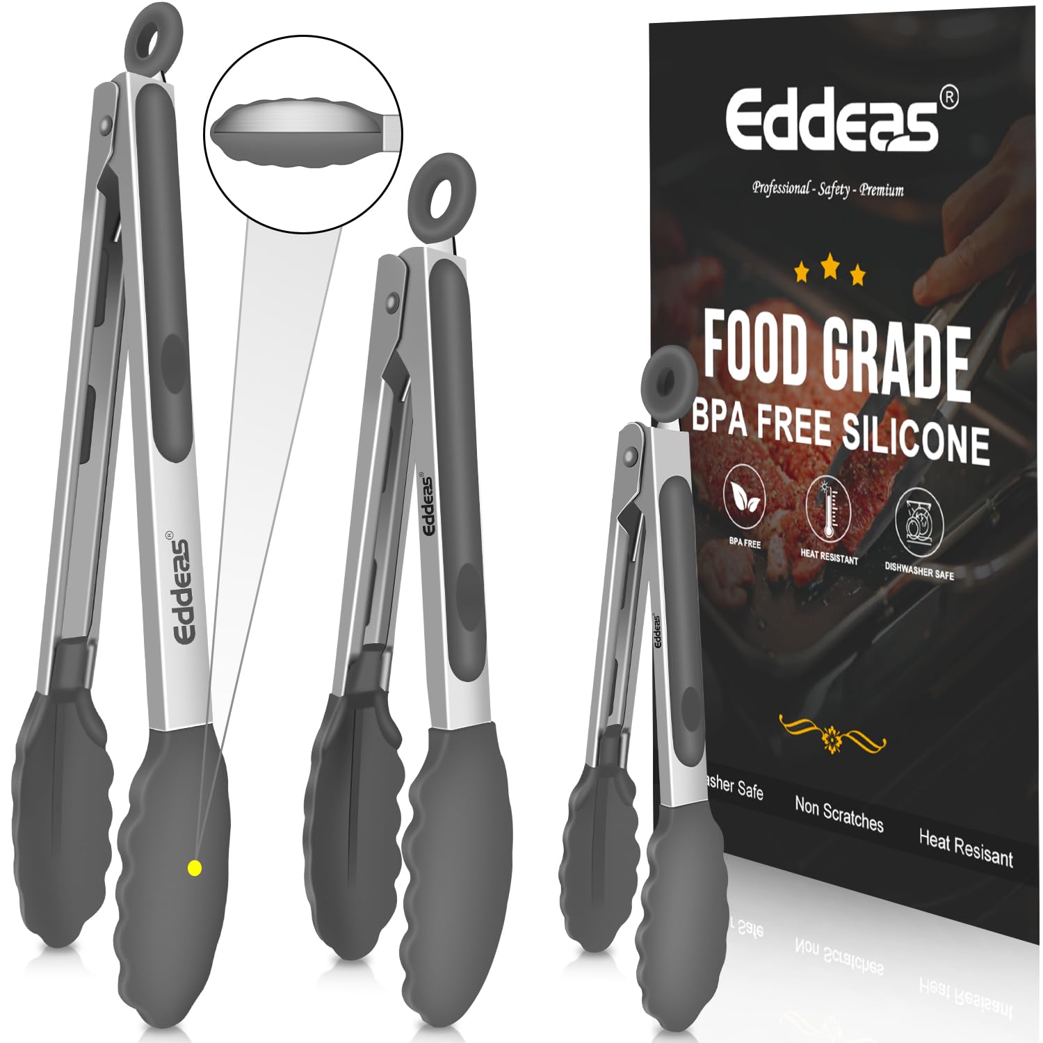 Kitchen Tongs with Silicone Tips - Heat Resistant 600 Degrees Stainless Steel Locking Cooking Tongs with Rubber Tips, Non-Stick 