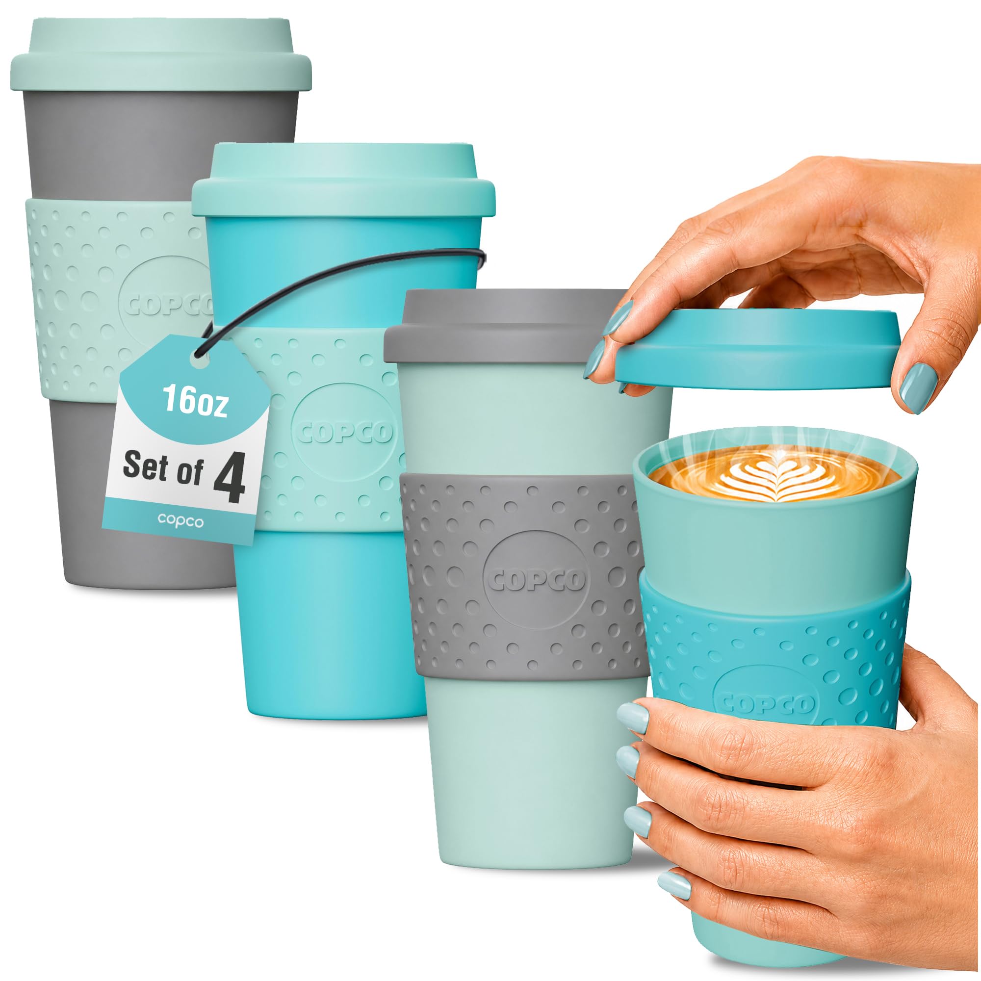 Copco Acadia Travel Mug, 16 Oz  Aqua & Mint/Aqua & Grey, Set of 4