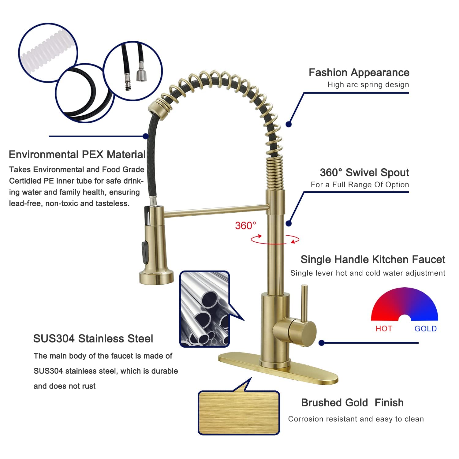 VOTON Kitchen Faucets with Pull Out Sprayer Commercial Spring Kitchen Sink Faucet Brushed Gold Single Handle Kitchen faucets with Deck Plate