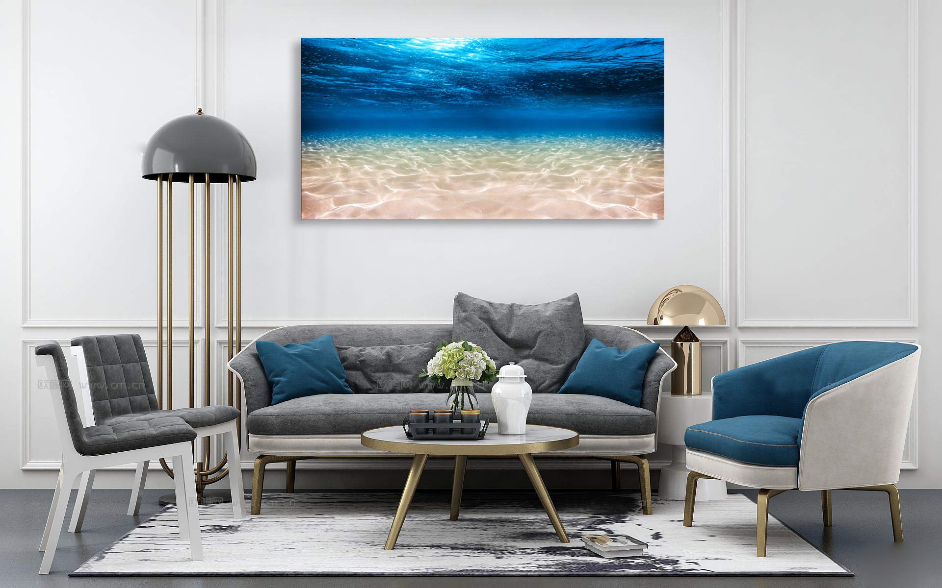 S00775 Print Artwork Blue Ocean Sea Wall Art Canvas Prints Picture Seaview Bottom View Beneath Surface Pictures Painting On Canvas Modern Seascape Home Office Decor XXLarge 30x60 inch