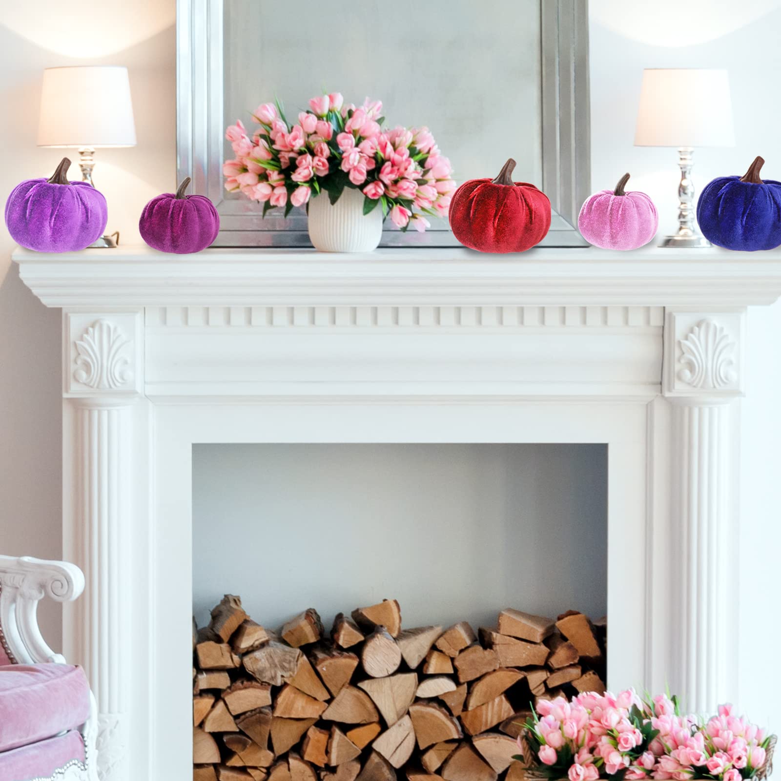 16 Pcs Assorted Small Faux Velvet Pumpkins Decorative Burgundy Red Purple Lilac Navy Blue Fabric Foam Pumpkins for Farmhouse Fal