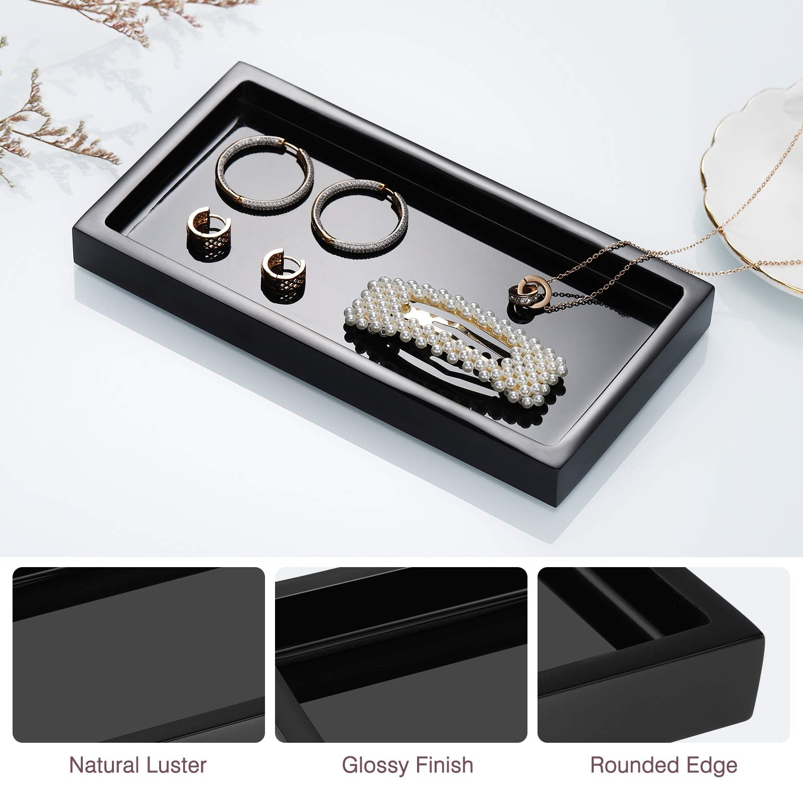Emibele Vanity Tray  8 '' Rectangular Resin Bathroom Kitchen Sink Counter Organizer Tray Dresser Tray Jewelry Ring Dish Holder Cosmetic Tray for Perfume Candle Small Plant Home Decor  Mini  Black