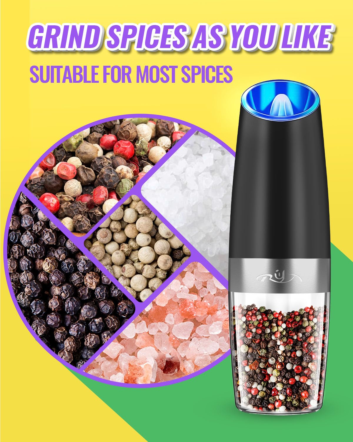Gravity Electric Salt And Pepper Grinder Set, Automatic And Battery-Operated With Adjustable Coarseness, Led Light, One Hand Ope