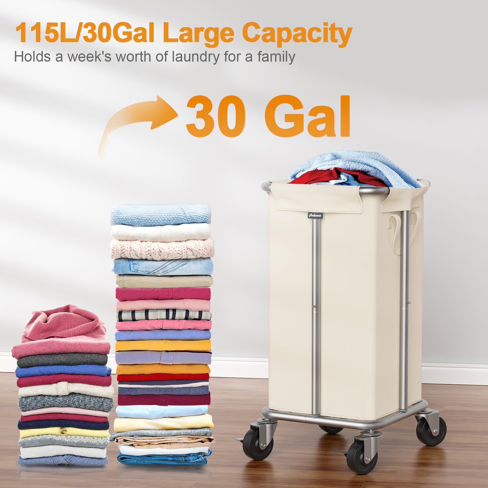 Hodonas Laundry Basket With Wheels, 115L Rolling Laundry Hamper Large Dirty Clothes Hamper Cart With Steel Frame And Removable B