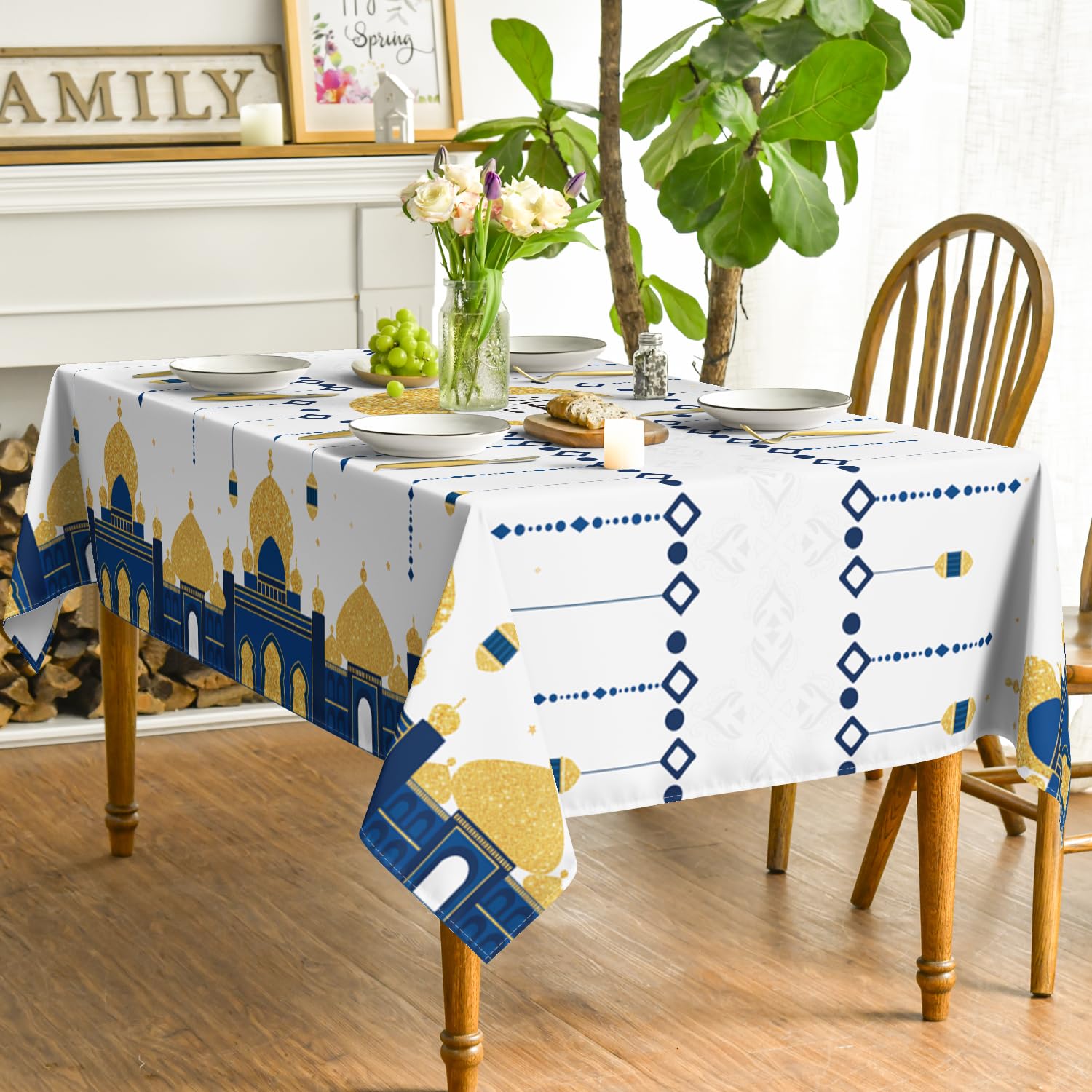 Horaldaily Ramadan Square Tablecloth 60  60 Inch, Eid Al Fitr Mubarak Washable Table Cover For Party Picnic Dinner Decor