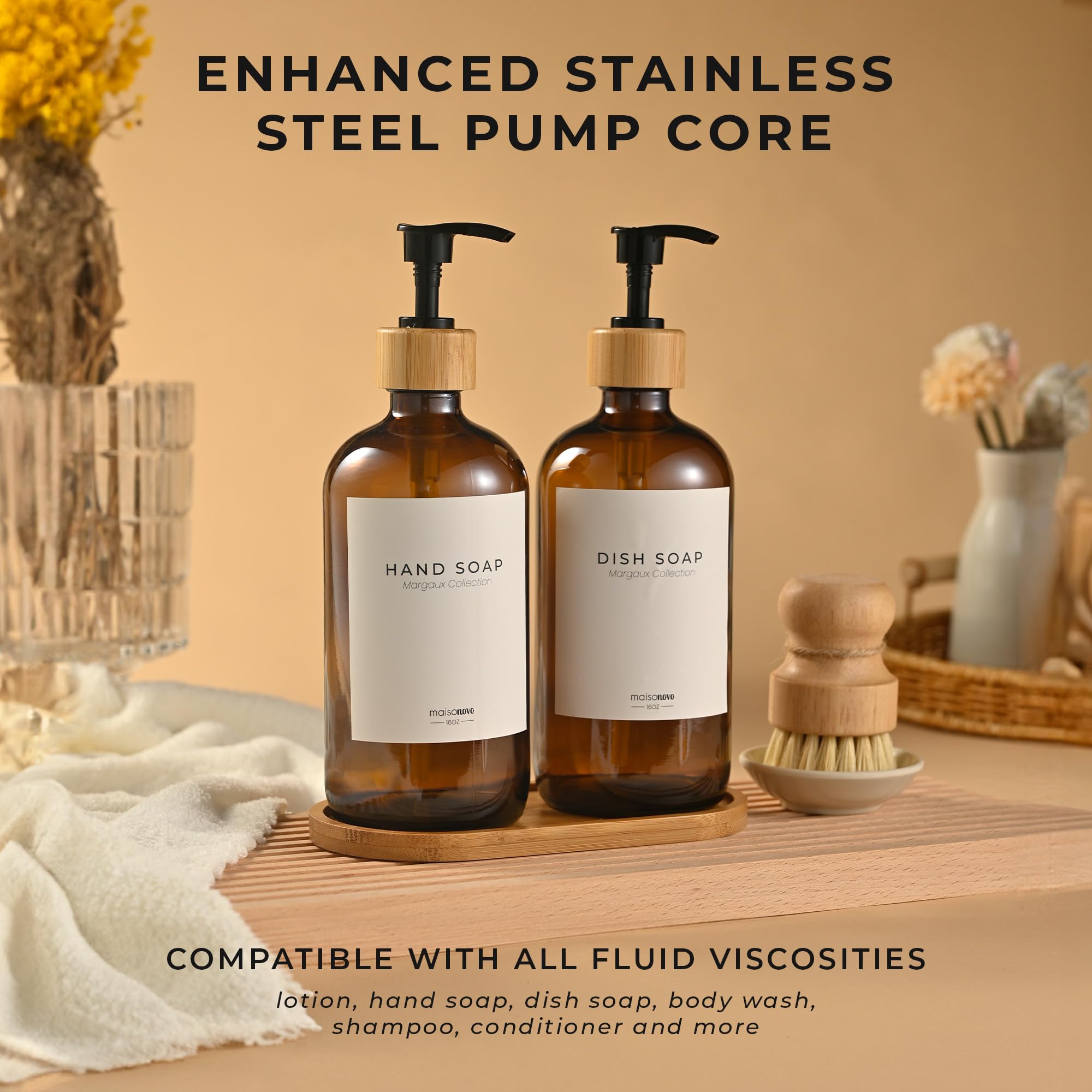 Maisonovo Kitchen Soap Dispenser Set - Glass Soap Dispenser With Pump - Amber Bamboo Black Pump 16.9 Fl Oz - Bathroom Soap Dispe