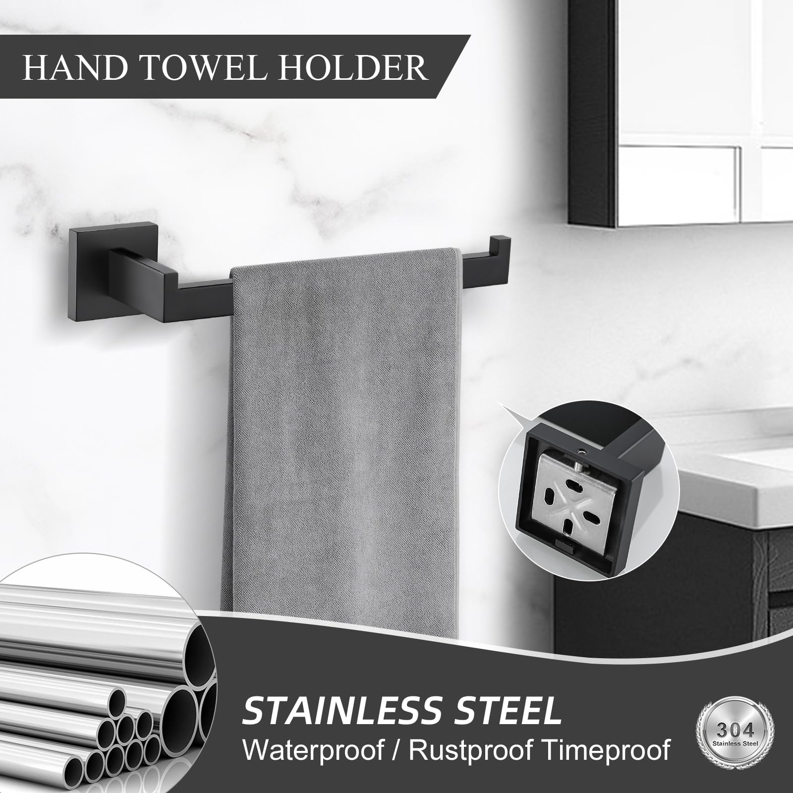 TURS 5-Pieces Bathroom Hardware Set Black Towel Bar Holder Set Stainless Steel Bath Accessories Set Wall Mounted  Q7BK-P5