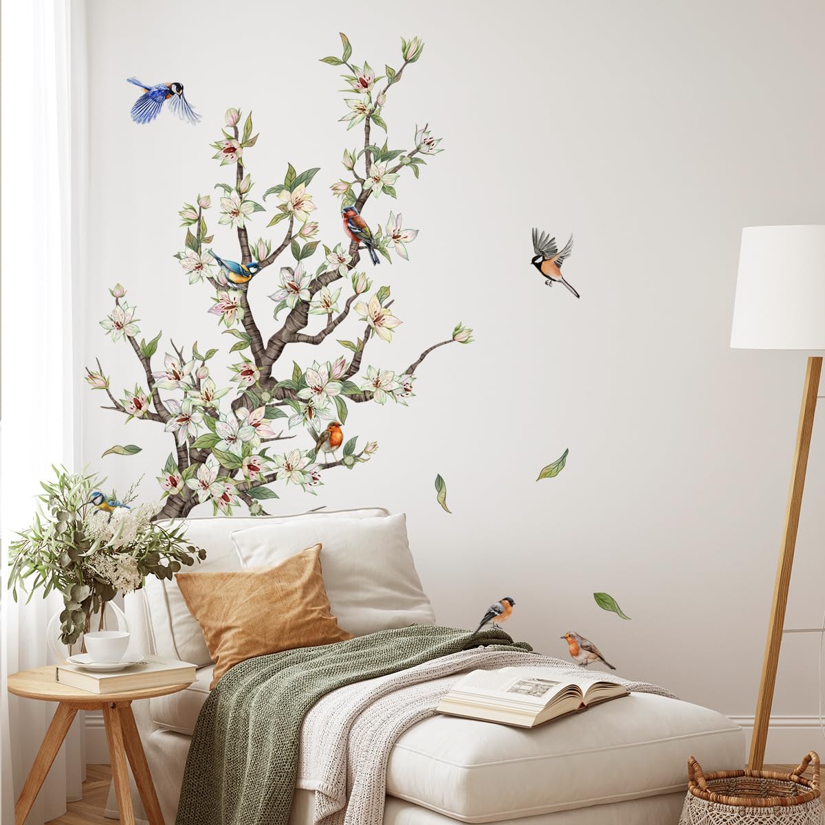 SHUCHING White Flowers Wall Decal for Living Room, Vintage Tree Branch Wall Sticker Peel and Stick, Flower Decals for Walls
