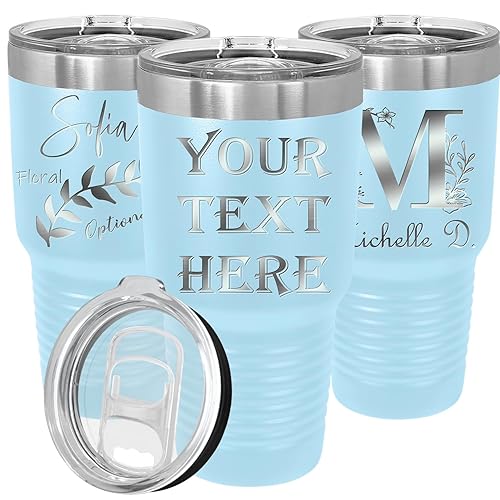 Personalized Tumblers with Lids and Straws  Your Text Engraved in USA by iProductsUS 30oz Vacuum Insulated Travel Coffee Mugs Stainless Steel Double Wall Thermos Customized Cups(Light Blue 18-Designs)