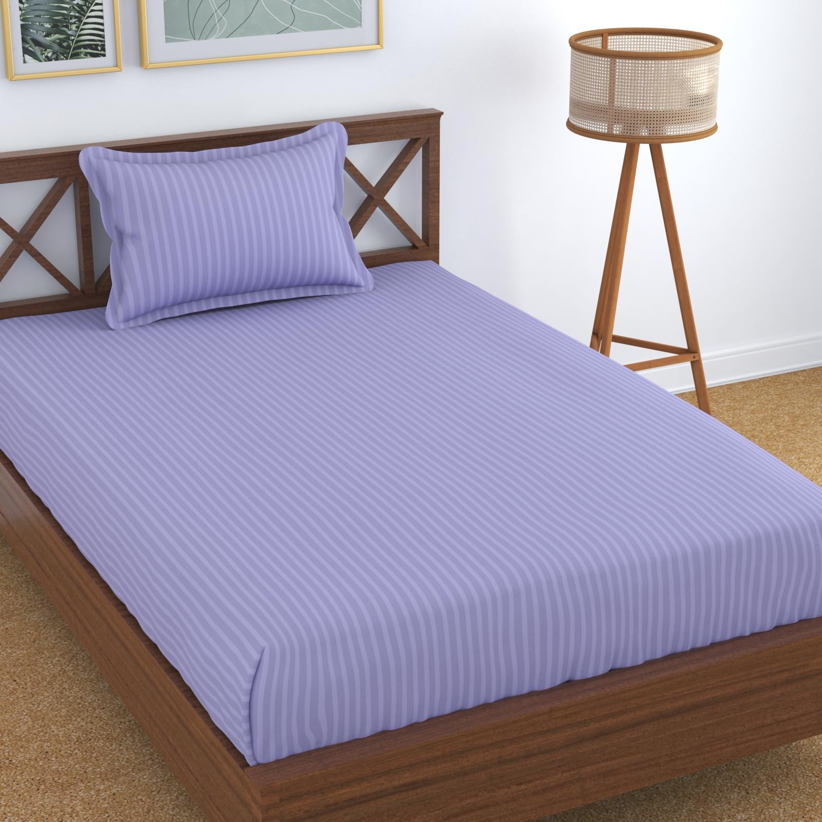 Homefab India 160 Tc Stripe Glace Cotton Single Bedsheet With 1 Pillow Cover - Purple