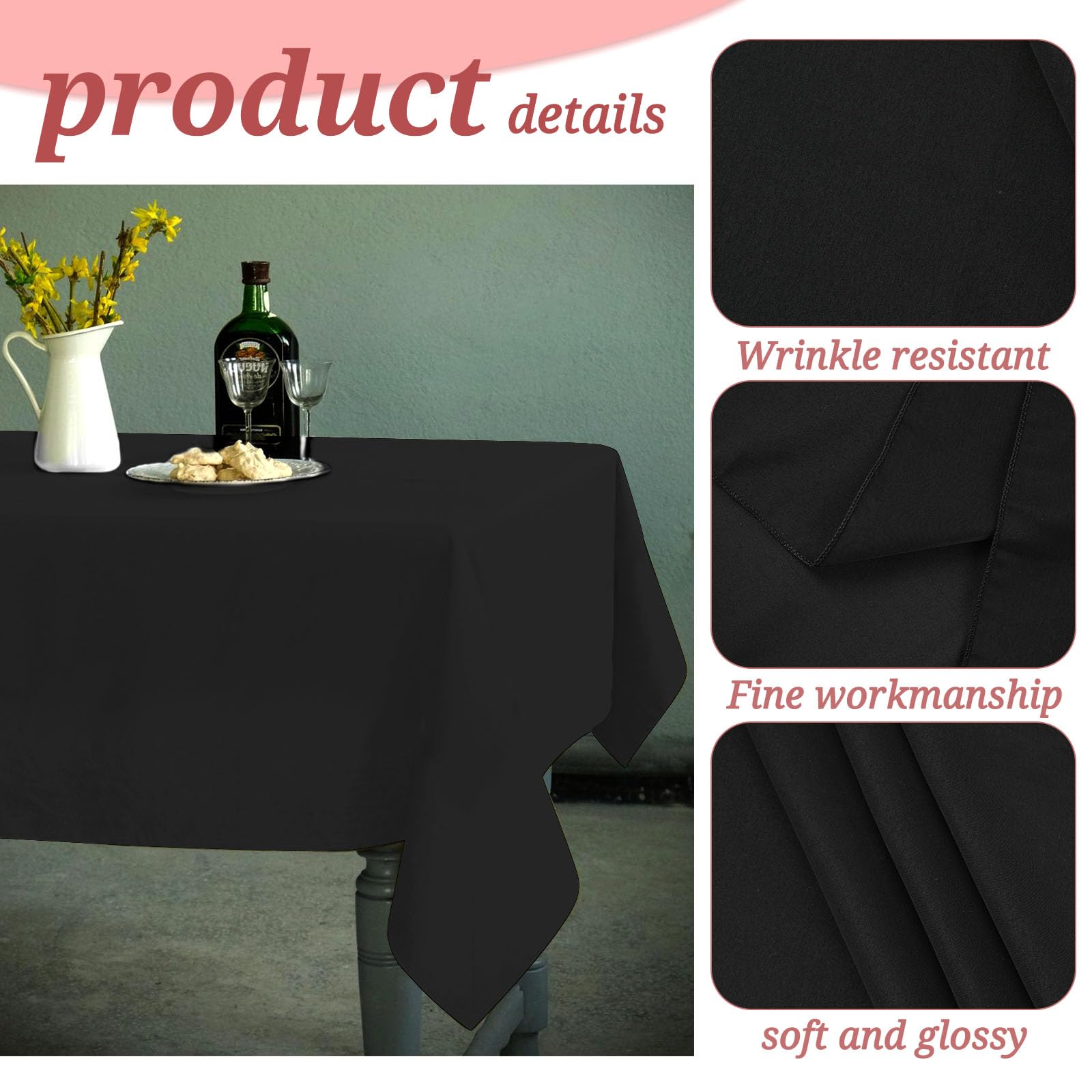 6 Pack Polyester Tablecloth For 6-8 Foot Rectangle Tables,72 X120 Inch Black Polyester Table Clothes Table Covers, Washable Blac