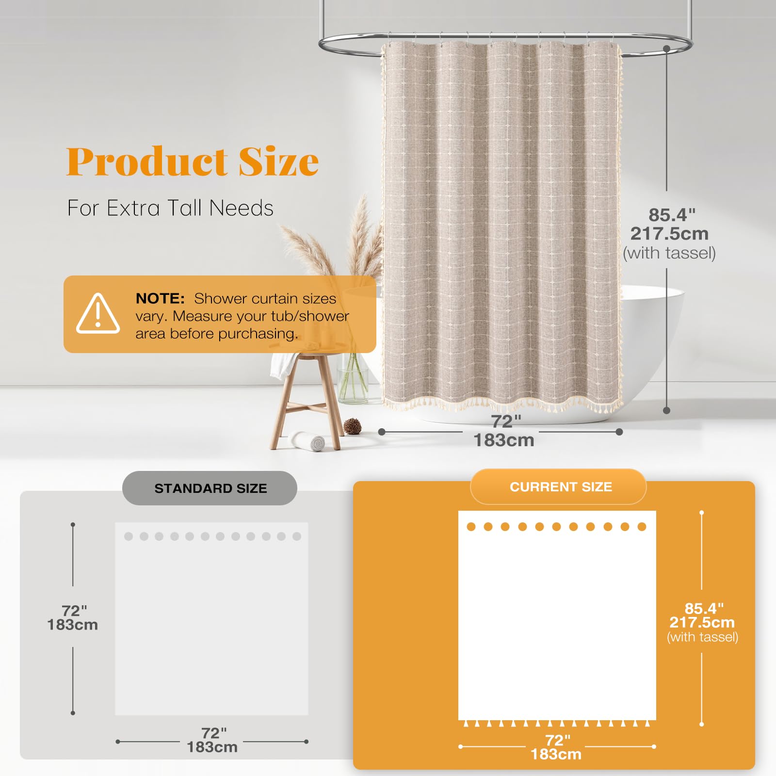 BTTN Extra Long Shower Curtain - 72x84 Inch Long Boho Linen Thick Fabric Shower Curtain Set with Plastic Hooks  Tall Farmhouse French Country Chic Macrame Cloth Shower Curtains for Bathroom  Tan/Taupe
