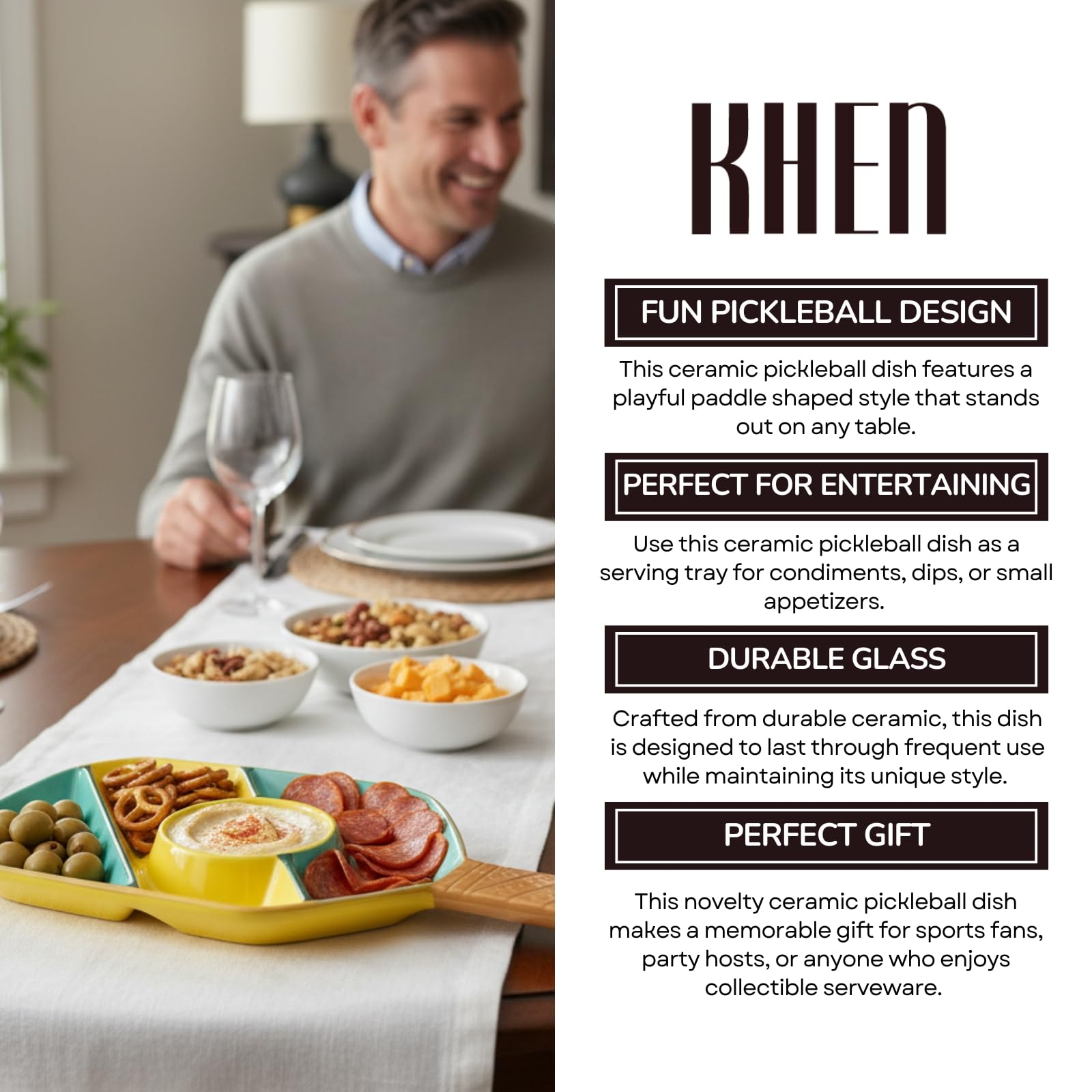 Khen Ceramic Pickleball Dish | Paddle Shaped Serving Tray Platter Decorative Tableware