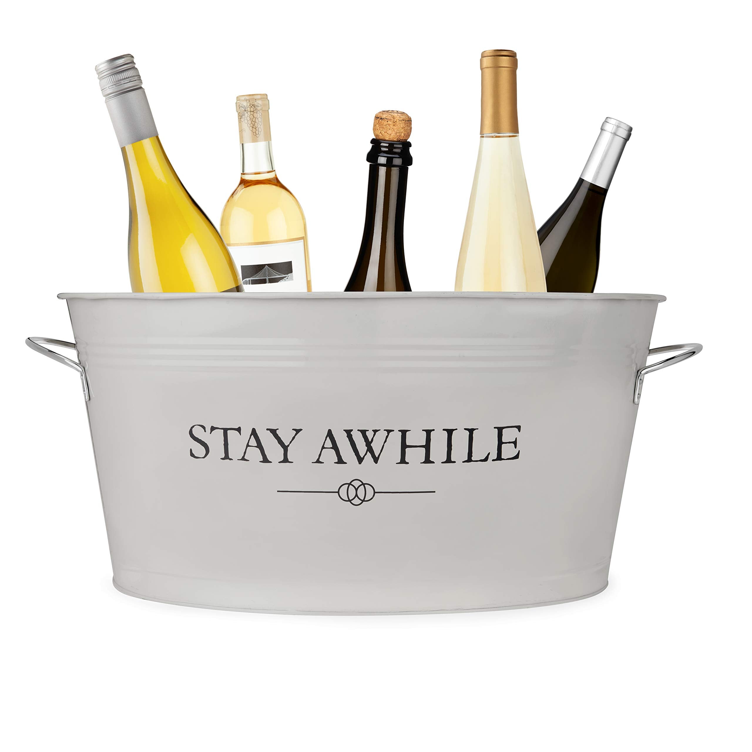 Twine Stay Awhile White Painted Galvanized Ice Bucket & Metal Tub - Beverage Ice Barrel Tub For Parties In 6.3-Gallon Capacity