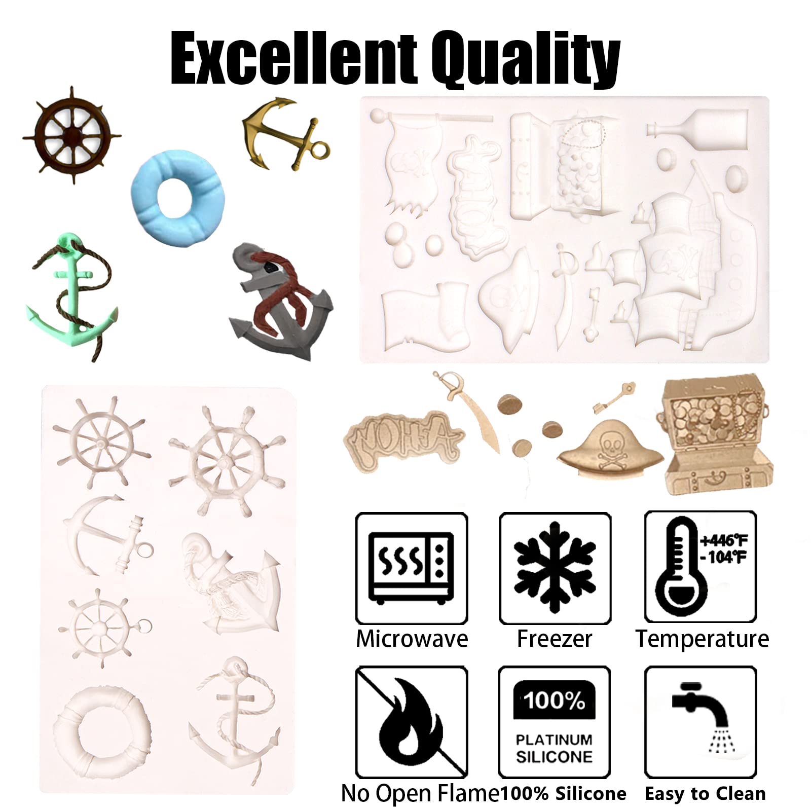 Pirate Silicone Molds 2 Pcs, Treasure Chest Ship Chocolate Fondant Mold For Diy Cake Decoration, Candy Sugar, Cupcake Topper