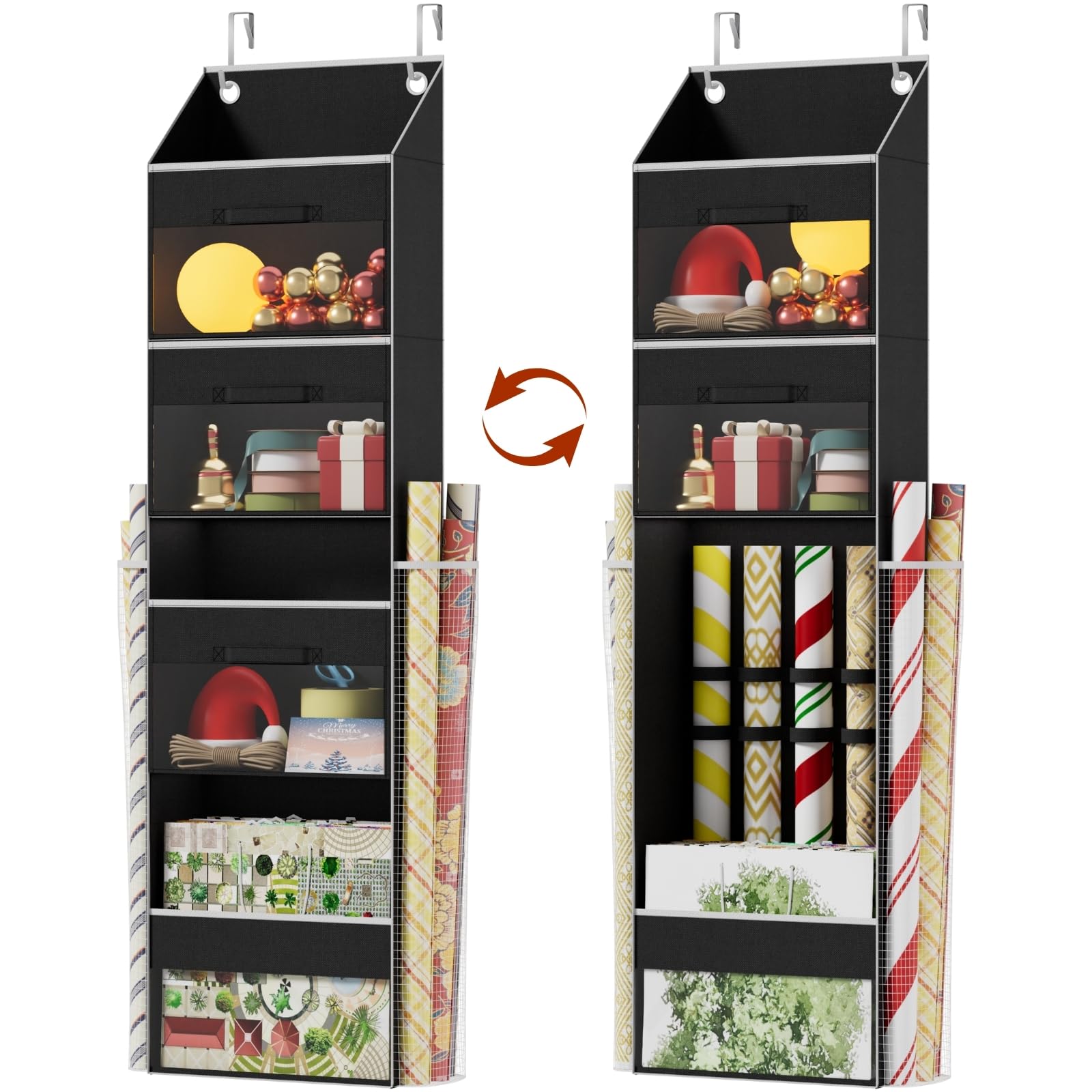 Black Over Door Wrapping Paper Organizer Storage with 3 Removable Drawers & Side Pockets - Dual Use Design with Elastic Straps -