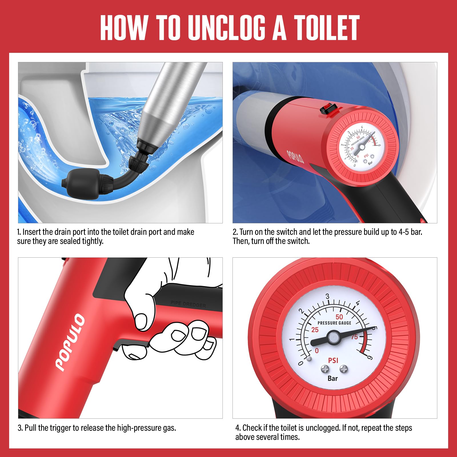 Populo Electric Toilet Plunger - Swift High-Pressure Drain Unclogger | Plungers For Bathroom, Floors, Shower Heavy Duty | Versat