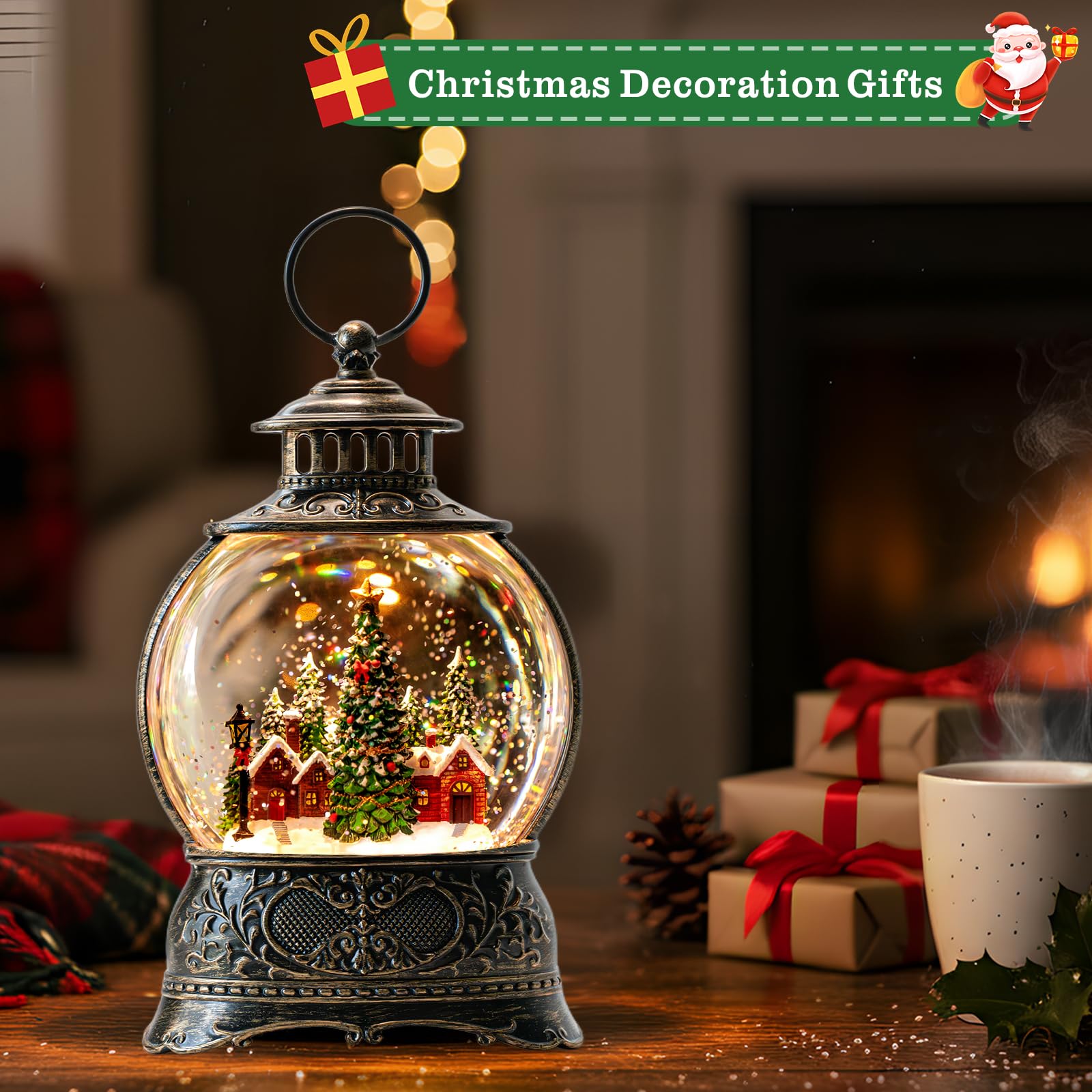 Christmas Snow Globes Water Lantern with Christmas Tree Village, Music & 6H Timer, USB Lined/Battery Operated Lighted Lanterns f