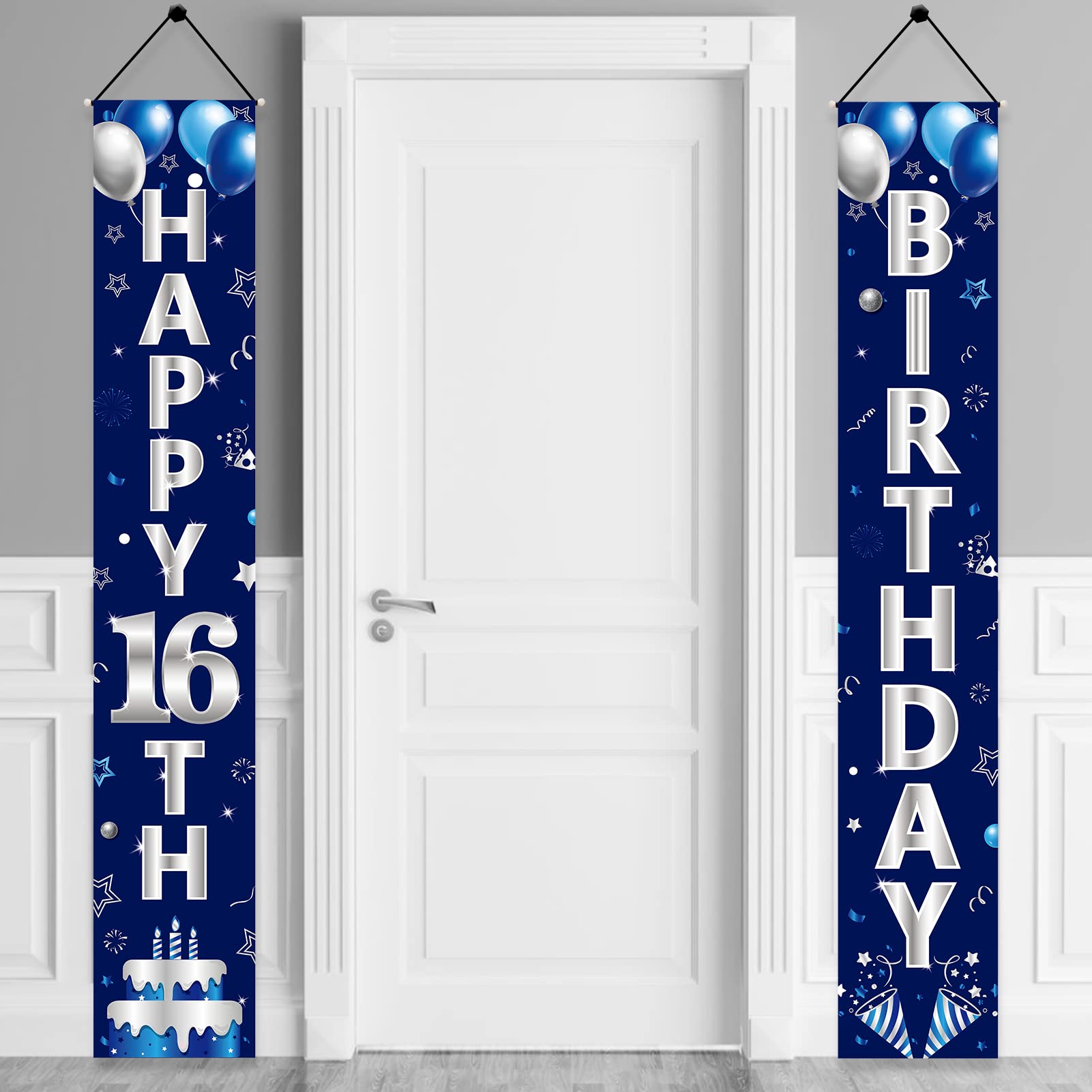 Turypaty Blue Silver 16Th Birthday Door Banner Decorations, Happy 16 Birthday Party Porch Sign Supplies For Boys, Sweet 16 Year