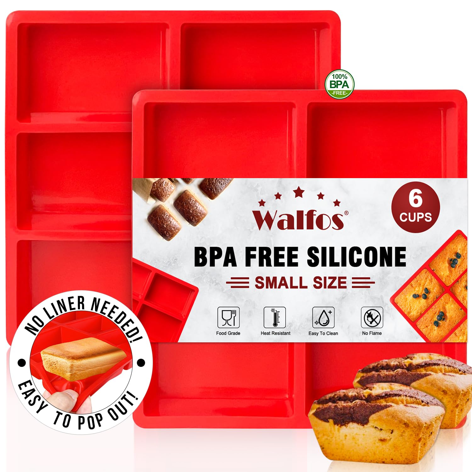 Walfos Silicone Mini Bread Baking Pan 6 Cavities Non-Stick Silicone Mini Loaf Pans 2 Pieces Food Grade Baking Mold For Bread, Ca