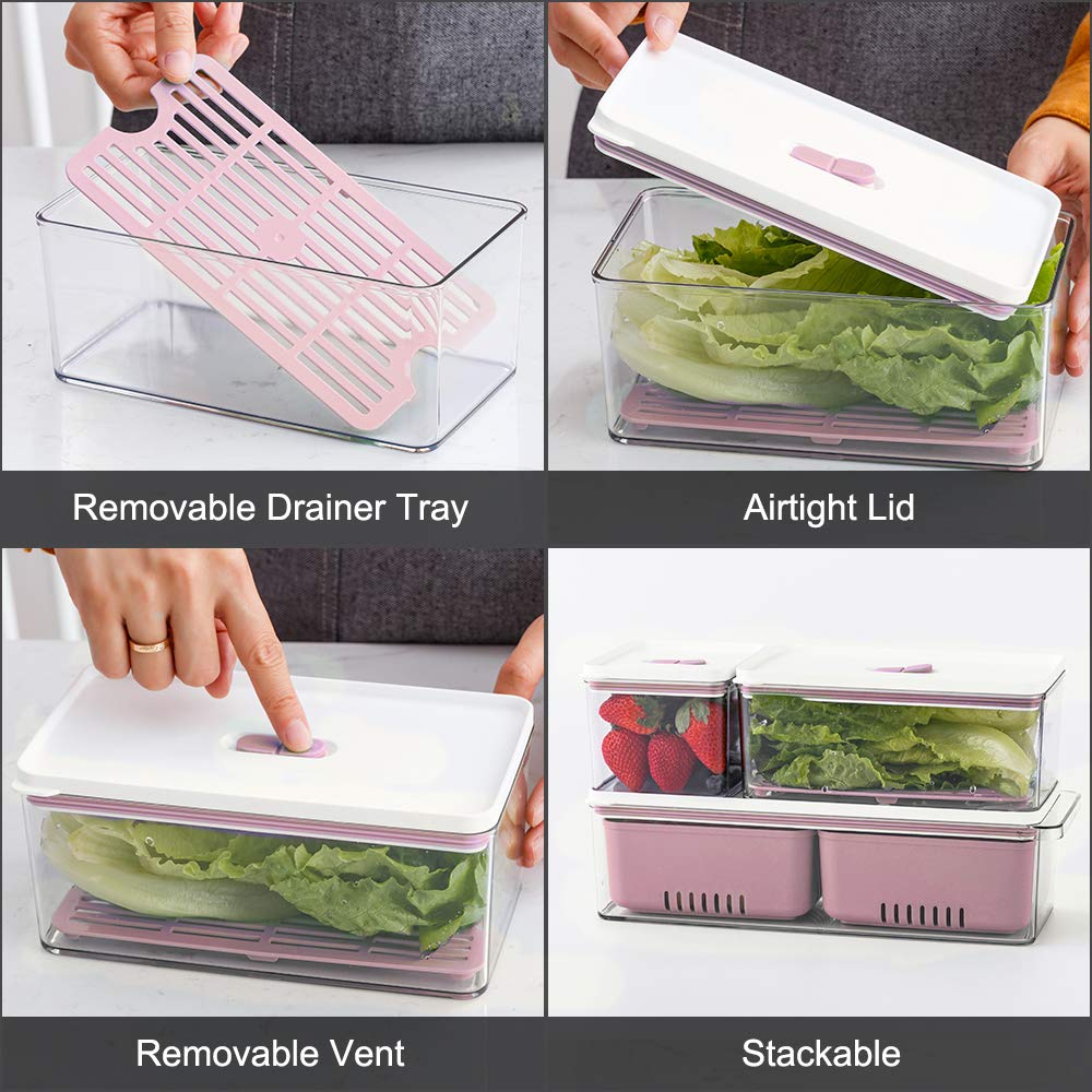 Lille Home Stackable Produce Saver, Organizer Bins/Storage Containers With Removable Drain Tray, Set Of Three, For Refrigerators