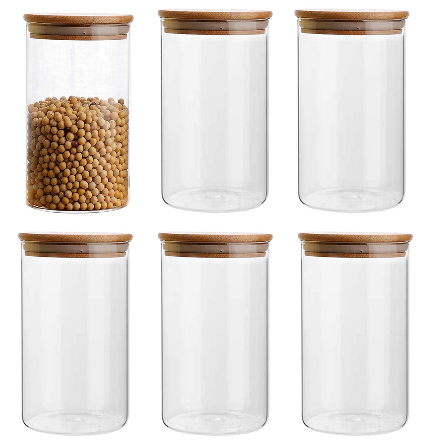 Flrolove 35Oz/1000Ml Clear Glass Food Storage Containers Set Airtight Food Jars With Bamboo Wooden Lids Kitchen Canisters For Su