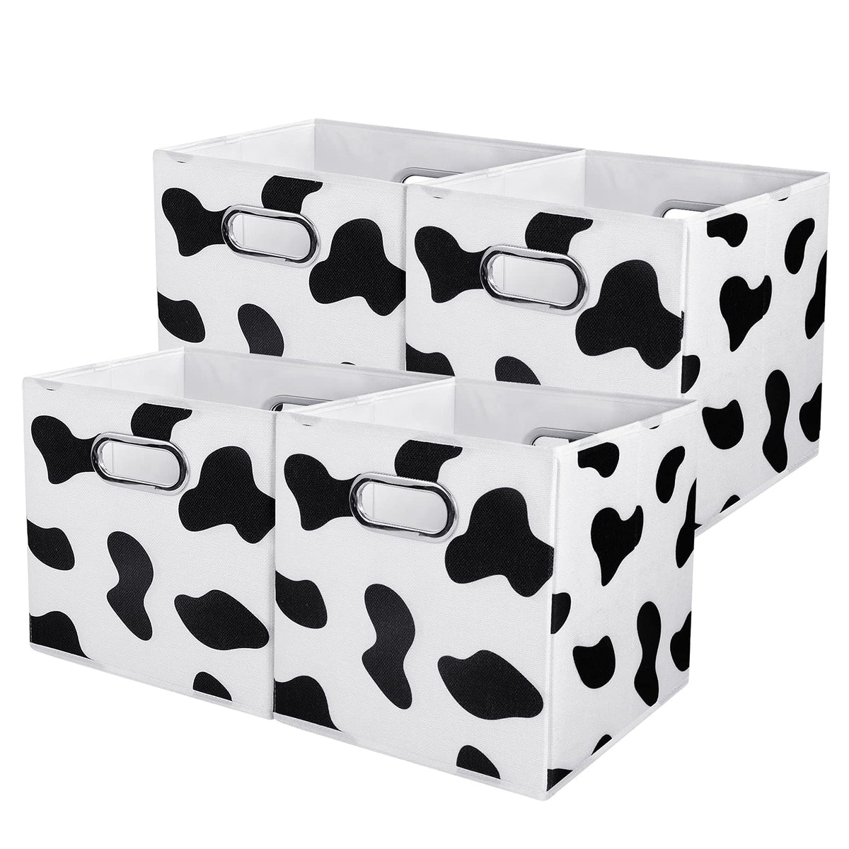 Anminy 4Pcs Storage Cubes Set Cow Print Large Cotton Linen Fabric Storage Bins Baskets Box With Handles Pp Plastic Board Foldabl