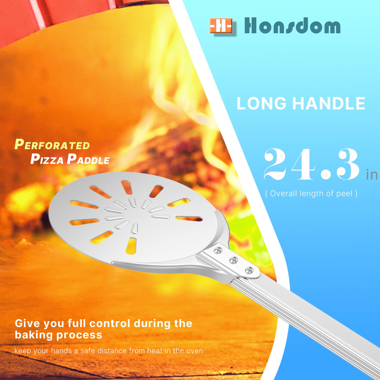 Pizza Turning Peel, 8-Inch Pizza Peel Turner Spinner, Long Handle Perforated Aluminum Pizza Peel With Silicone Hook, Pizza Oven
