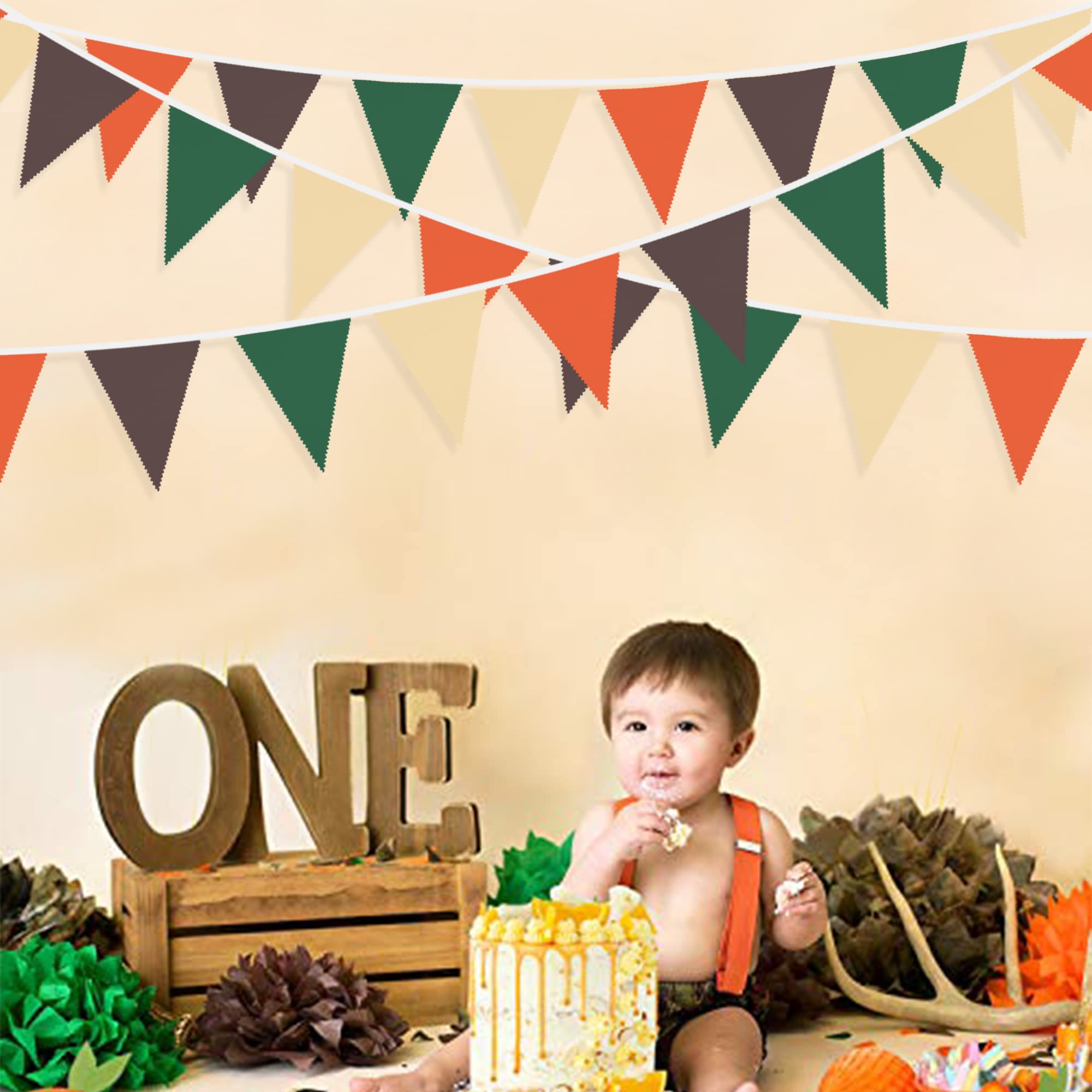 32Ft Orange Green Brown Party Decorations Triangle Flag Pennant Bunting Fabric Garland For Jungle Safari Animal Party Zoo Themed