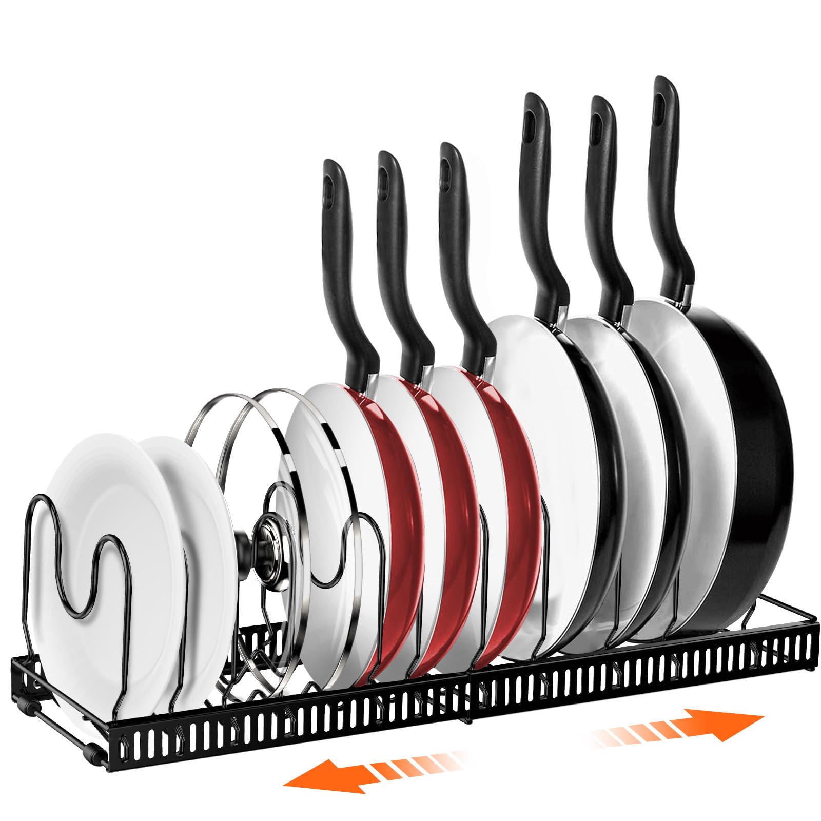 AHNR Expandable Pot and Pan Organizers Rack, 10+ Pans and Pots Lid Organizer Rack Holder, Kitchen Cabinet Pantry Bakeware Organi