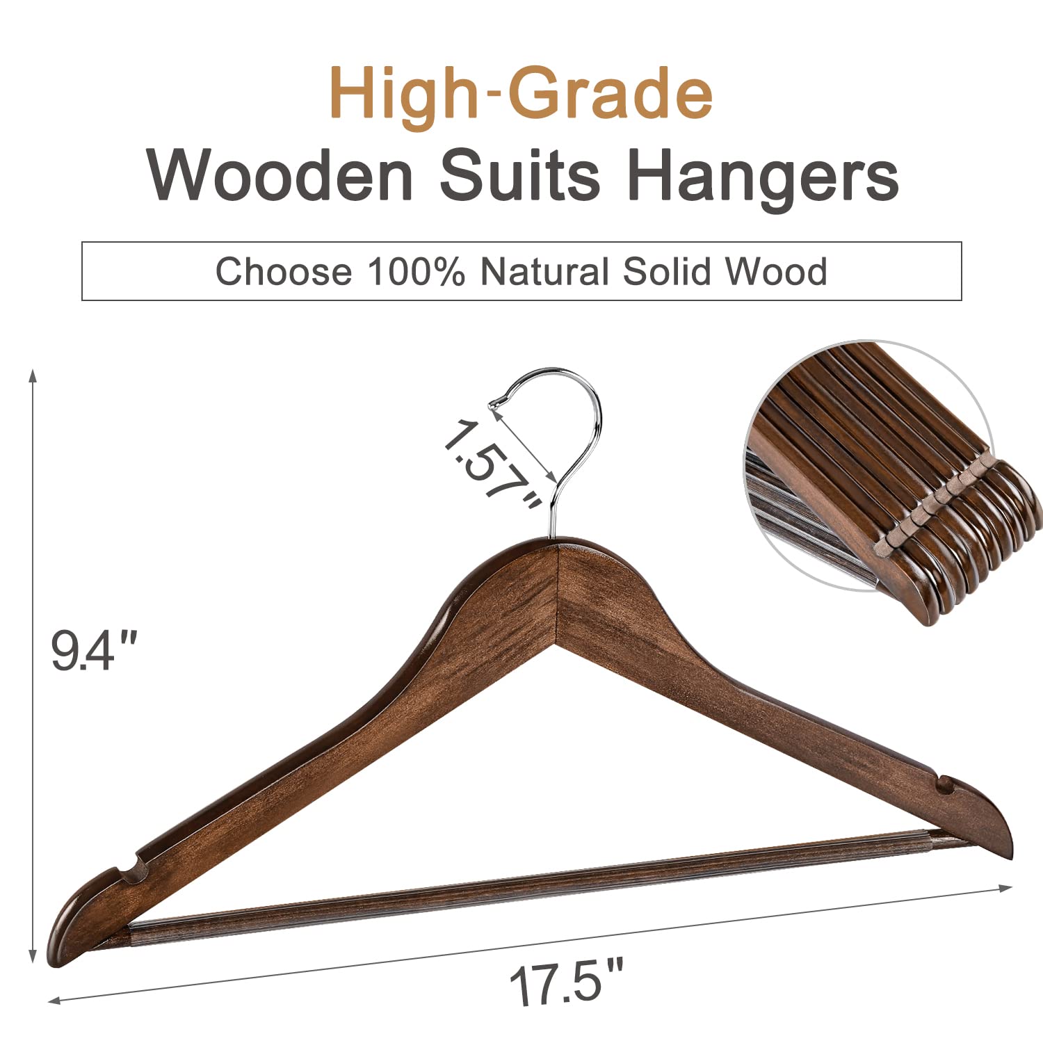 TOPIA HANGER Wooden Coat Hangers 30 Pack  Vintage Wood Suit Hangers with Non Slip Pants Bar  360? Swivel Hook and Shoulder Notches for Camisole  Jacket  Pants  Smooth Finish Clothes Hangers - CT34A30