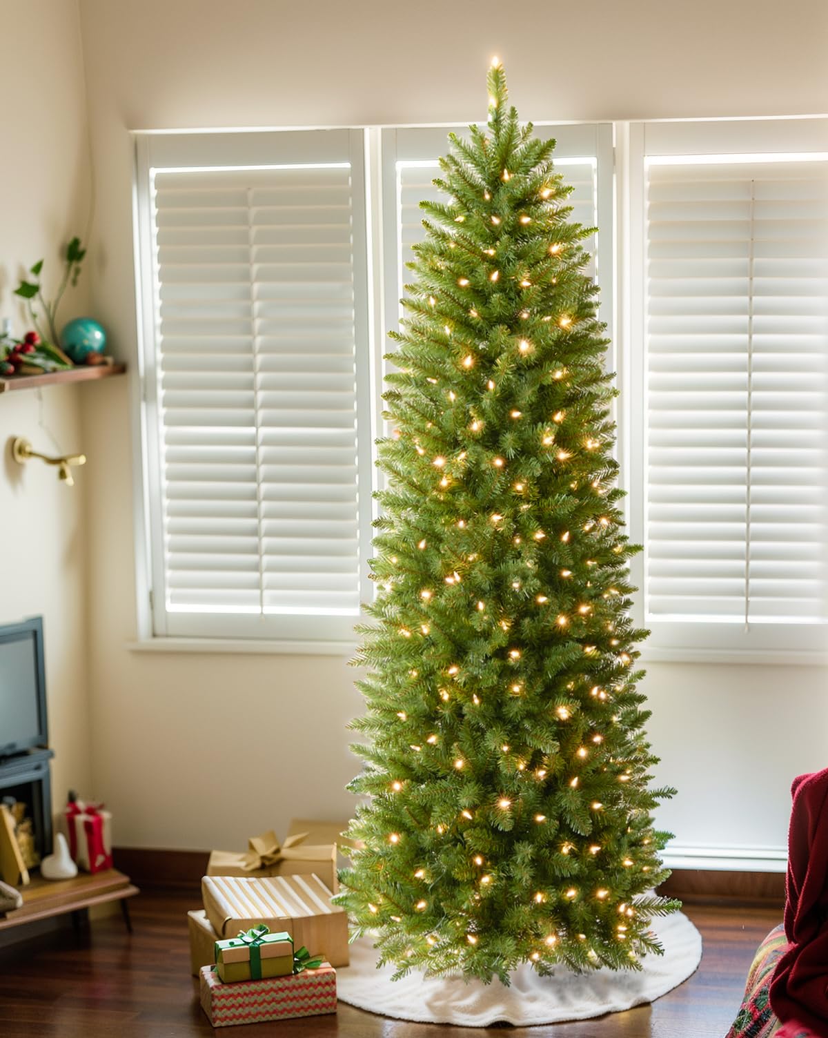 6.5FT Pre-lit Pencil Christmas Tree Spruce with Remote Control, 300 Warm White Multi-Color Lights, Artificial Hinged/Slim/Skinny