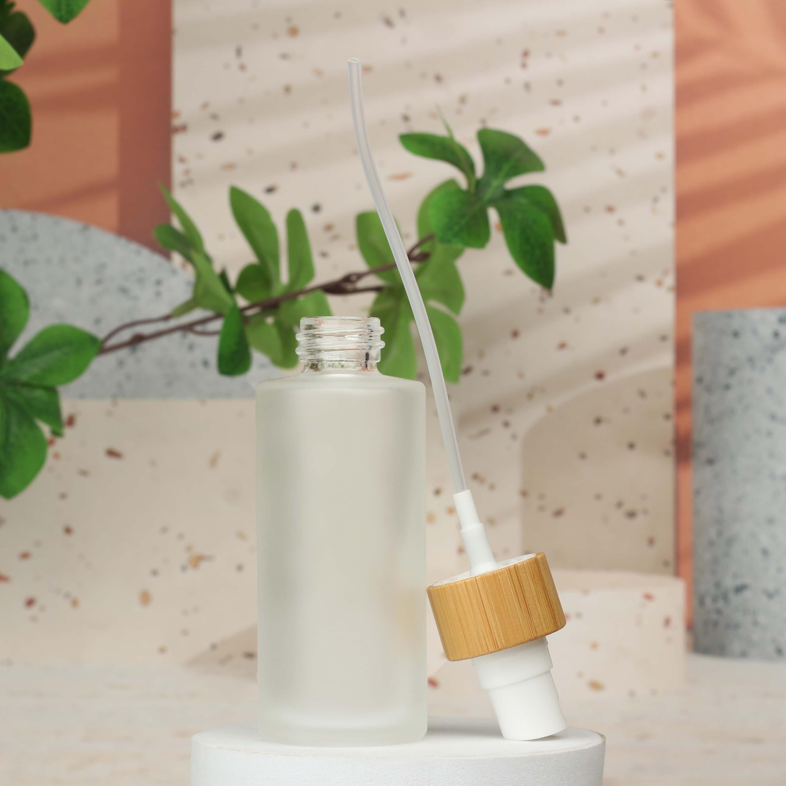 Cosidea 6 Pcs Empty 1.67Oz /50Ml Bamboo Lid Frosted Glass Fine Mist Spray Bottle Liquid Perfume Toiletries Containers, Travel To