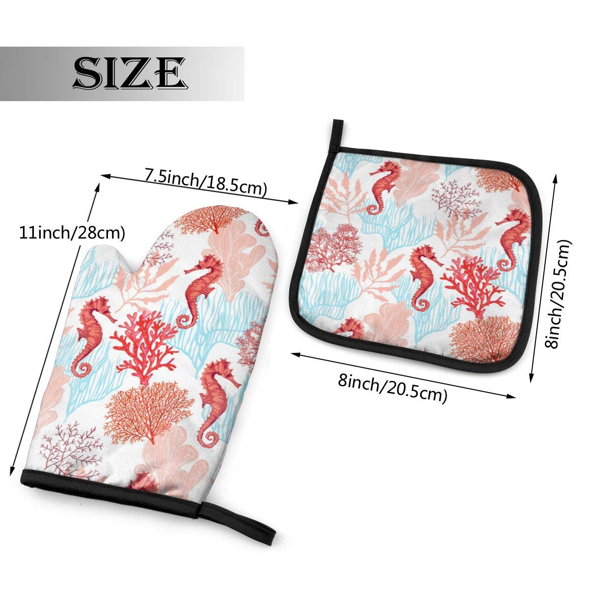 Vunko Sea Horse Oven Mitts And Pot Holders Sets Heat Resistant Coral Oven Gloves With Non-Slip Surface For Safe Bbq Cooking Baki