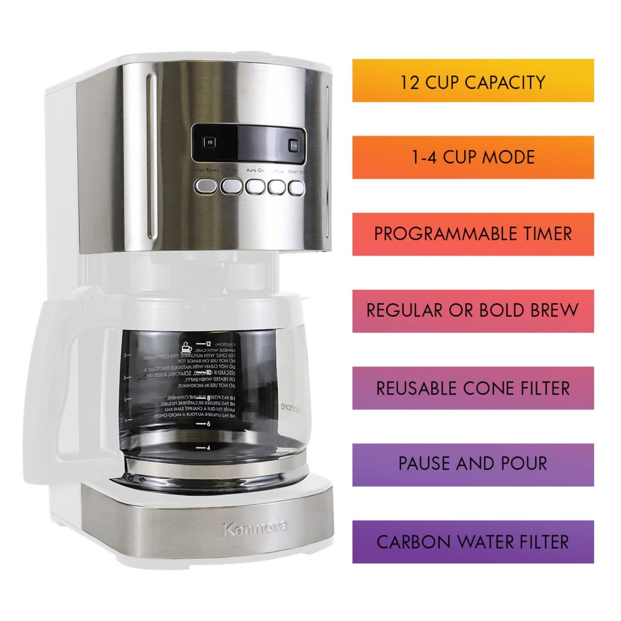 Kenmore Coffee Maker 12 Cup Drip Coffee Machine Reusable Filter Programmable Timer Digital Display Aroma Control Glass Carafe Ch