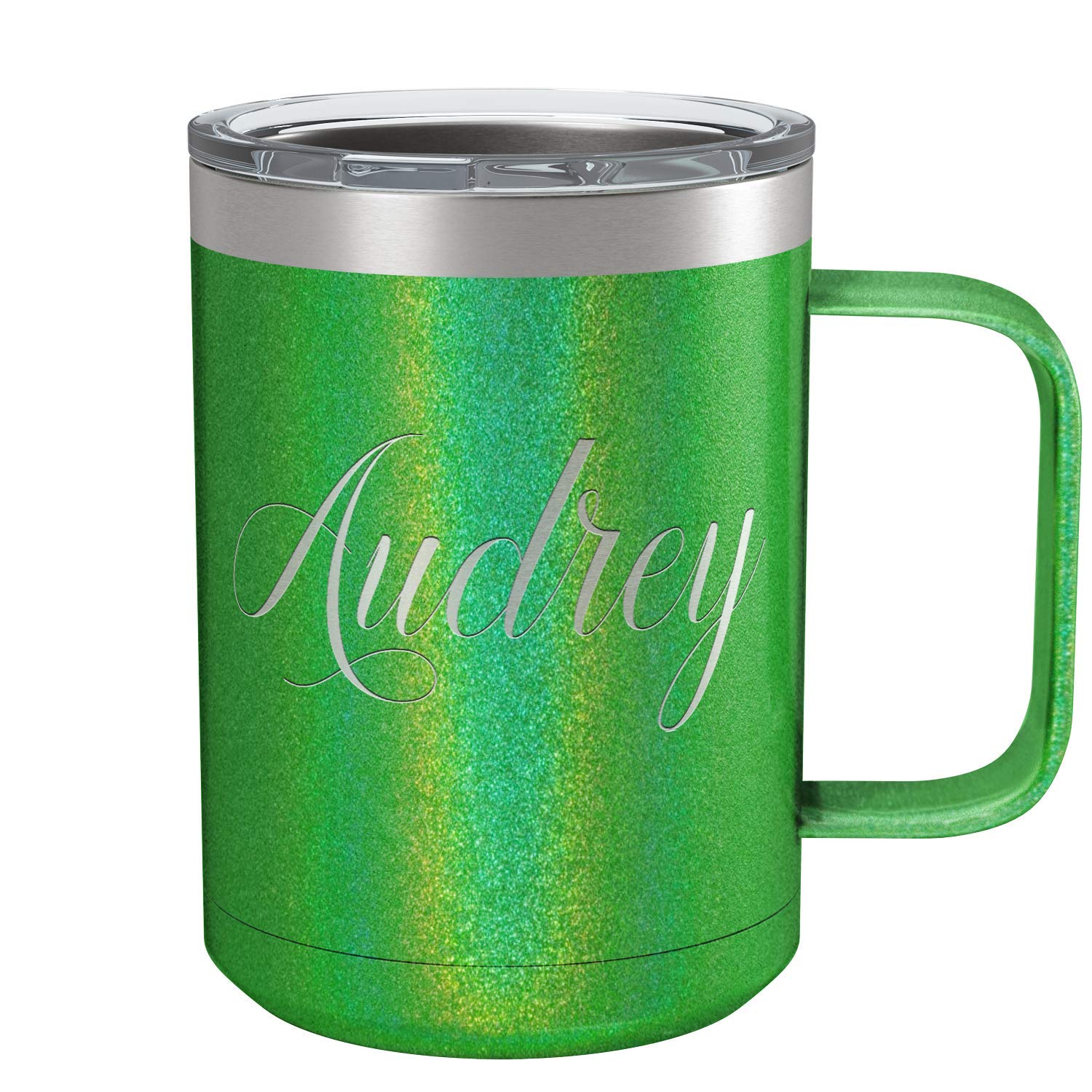 Personalized Coffee Mug Emerald Green Glitter 15 Oz With Lid And Handle Custom Engraved Gift Stainless Steel Vacuum Insulated Cu