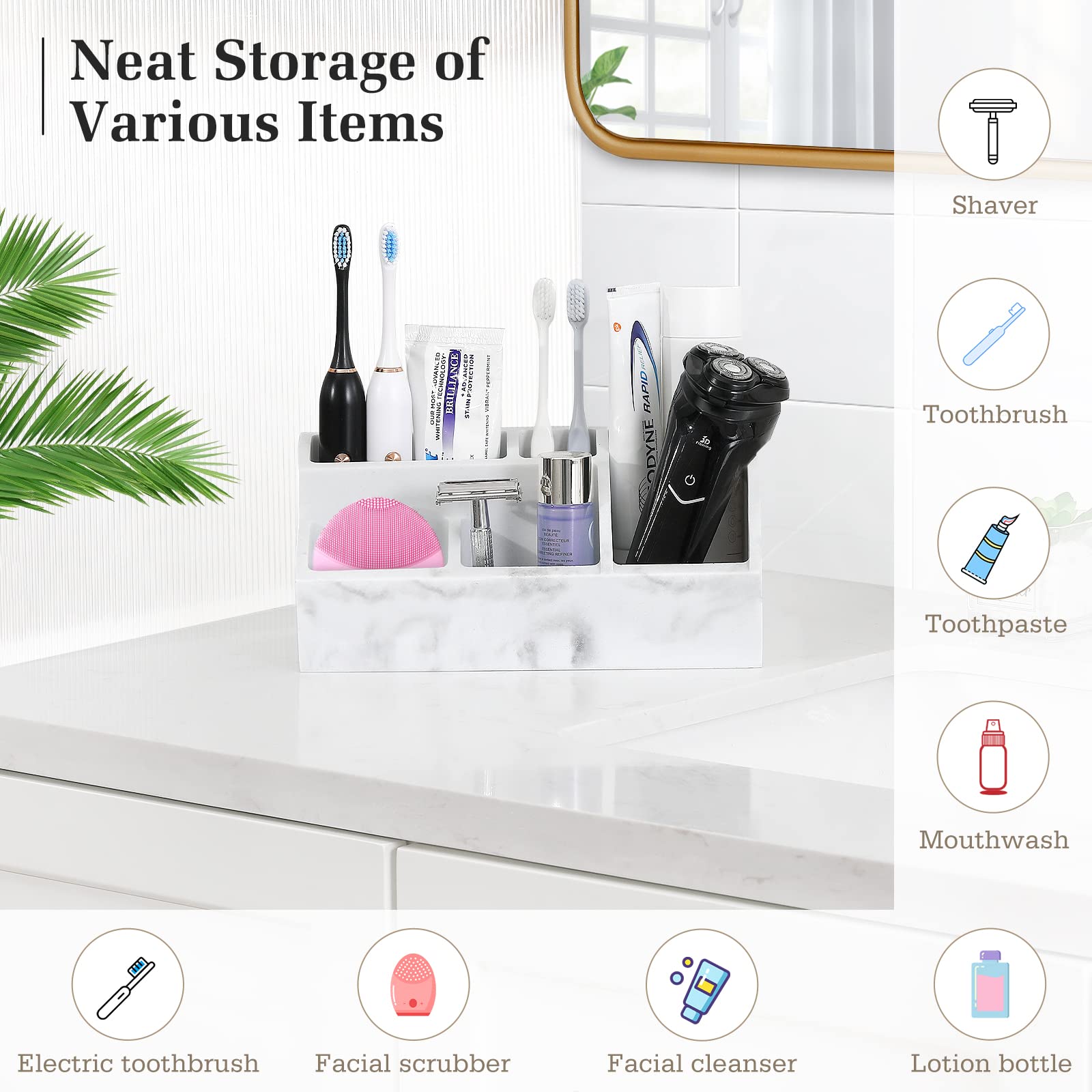 Luxspire Toothbrush Holder for Bathroom  Bathroom Organizer Countertop 5 Slot  Large Marble Bathroom Accessories Vanity Organizer for Electric Toothbrush Toothpaste Razor Lotion  Gravel White