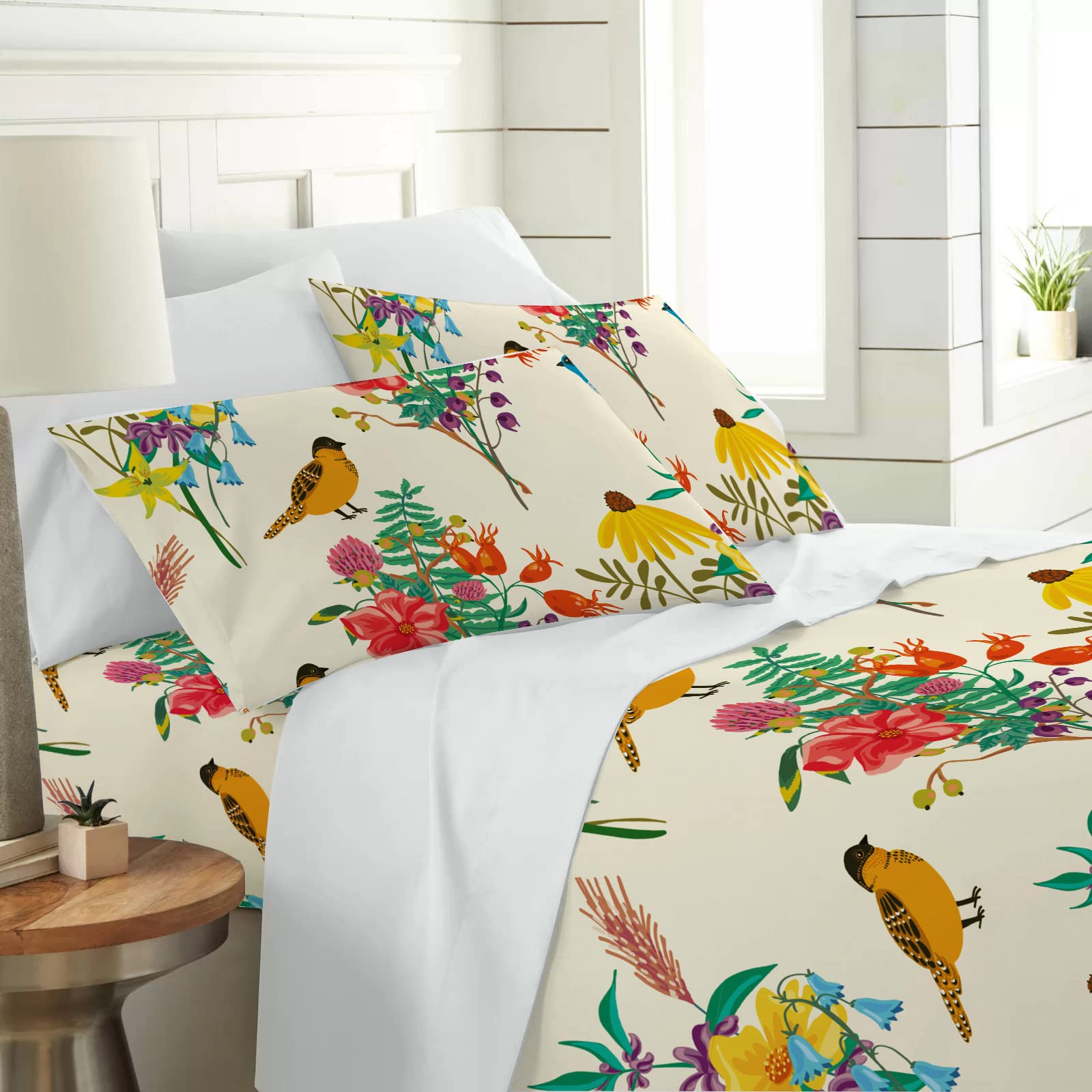 Intomeng Cream Floral Sheets Queen Full Flower Birds Bed Sheets Botanical Branches Patterned Deep Pocket Sheets Set With 2Pc Pil