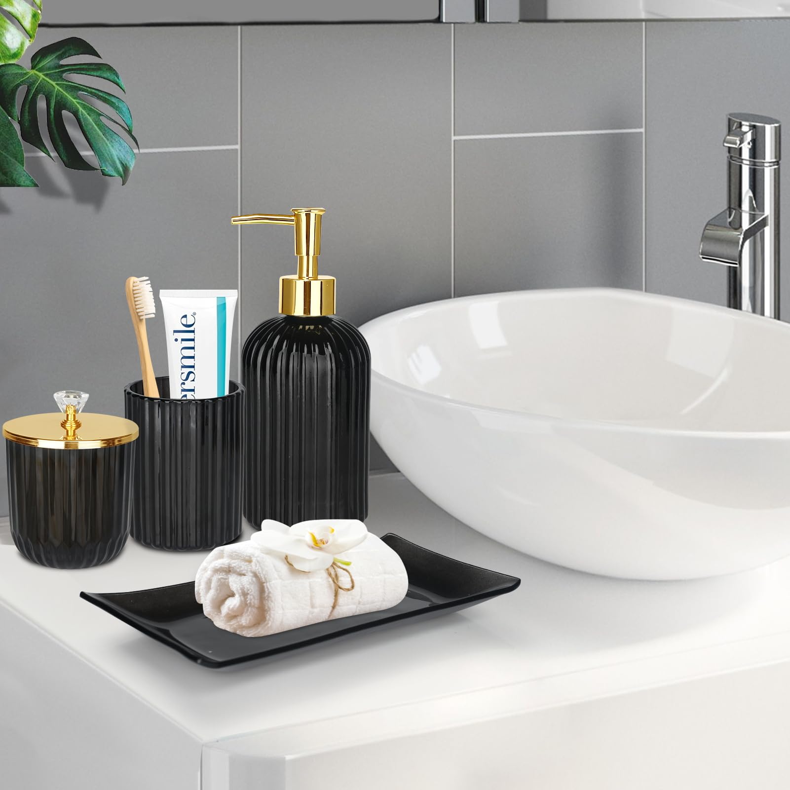 Haturi Bathroom Accessories Set, 4Pcs Black Glass Bathroom Accessories Sets Complete W/Lotion Soap Dispenser, Toothbrush Holder,