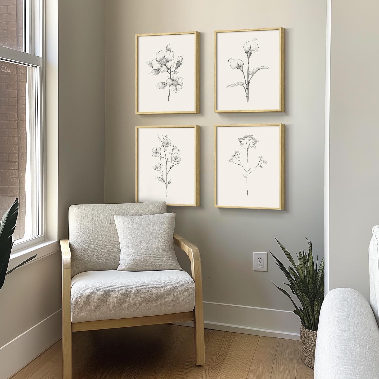Black And White Floral Wall Art With Neutral Framed, Set Of 4 Rustic Canvas Paintings Prints Artwork For Walls, Minimalist Flowe