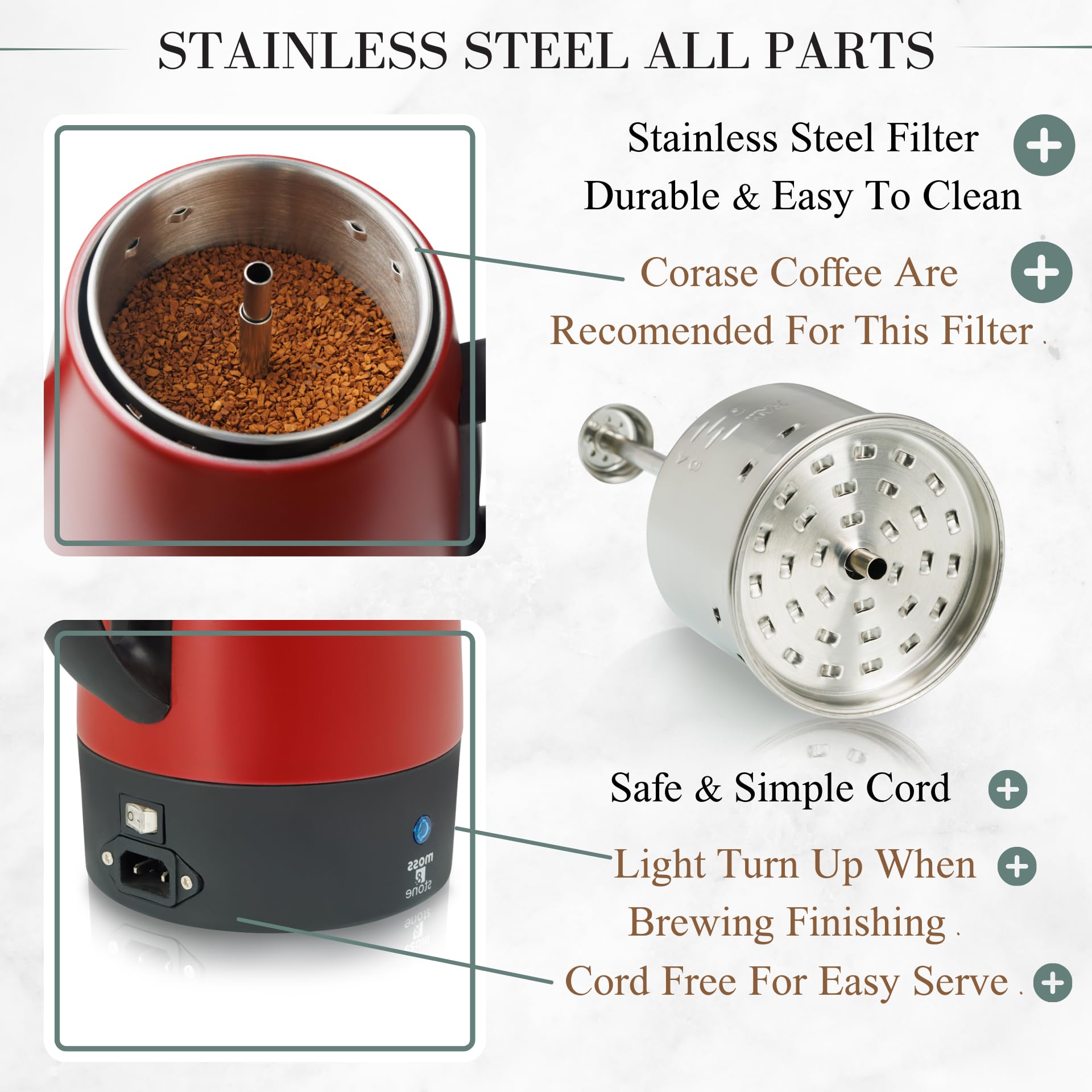 Moss & Stone Electric Coffee Percolator, Red Body With Stainless Steel Lid Coffee Maker, Percolator Electric Pot, Red Camping Co