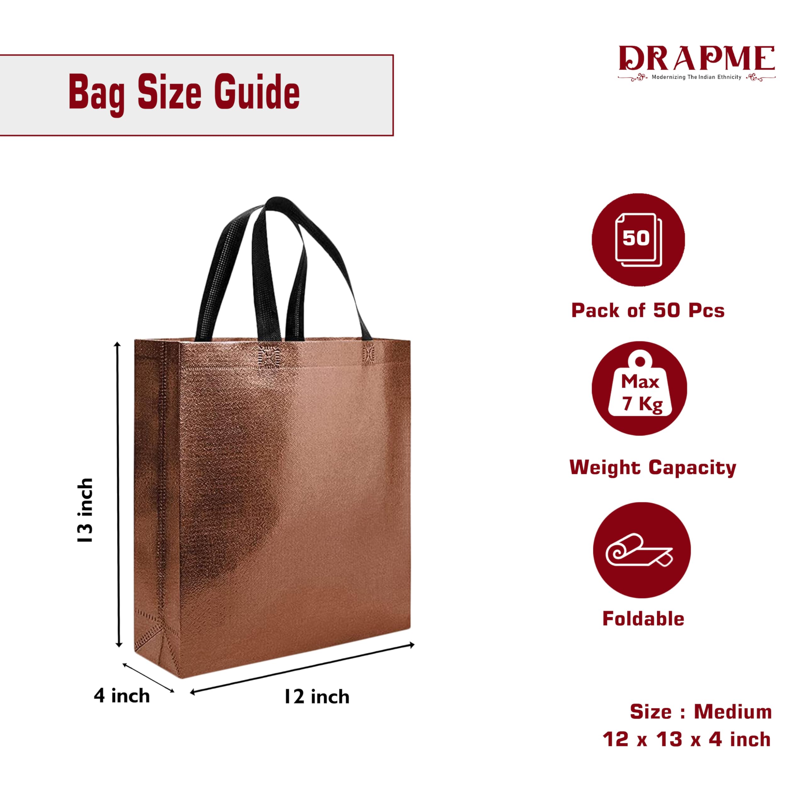 DRAPME Medium Size Pack of 50 Pcs Glossy Metallic Laminated Non-Woven Reusable Eco-Friendly Party Return Gift Bags (Copper) (Med