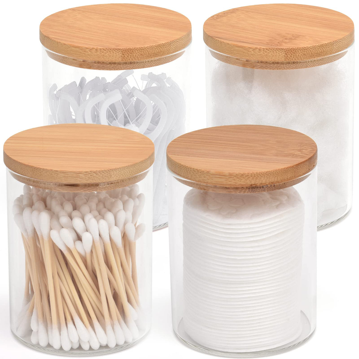 Bkyfpq 4 Pack Glass Qtip Holder Dispenser Bathroom Jars With Bamboo Lids, Cotton Ball Pad Round Swab Holder For Bathroom Accesso