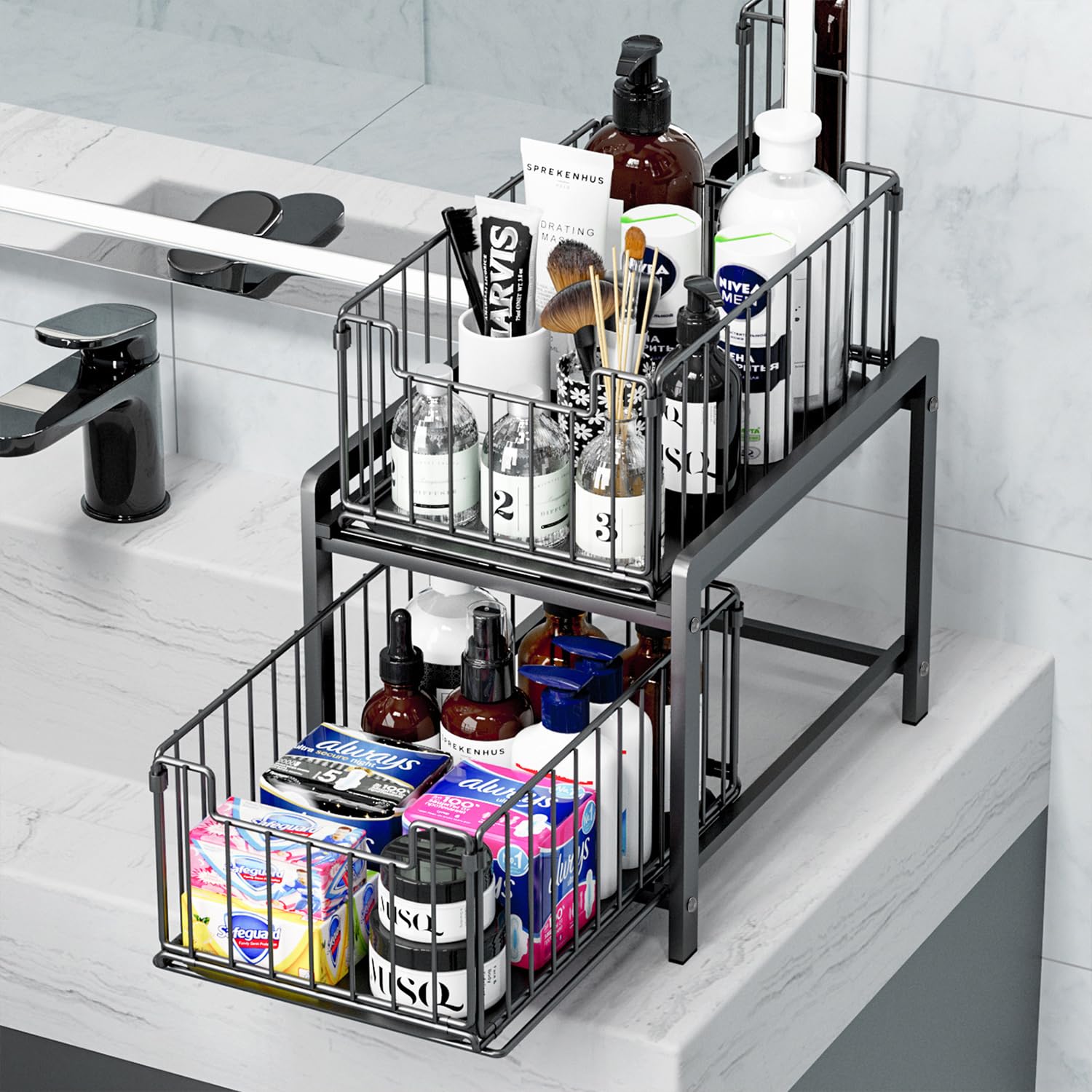 2 Tier Sliding Basket Drawer Organizer, Lxmons Pull Out Under Sink Cabinets Organizer, Metal Home Organizer Shelf For Bathroom O