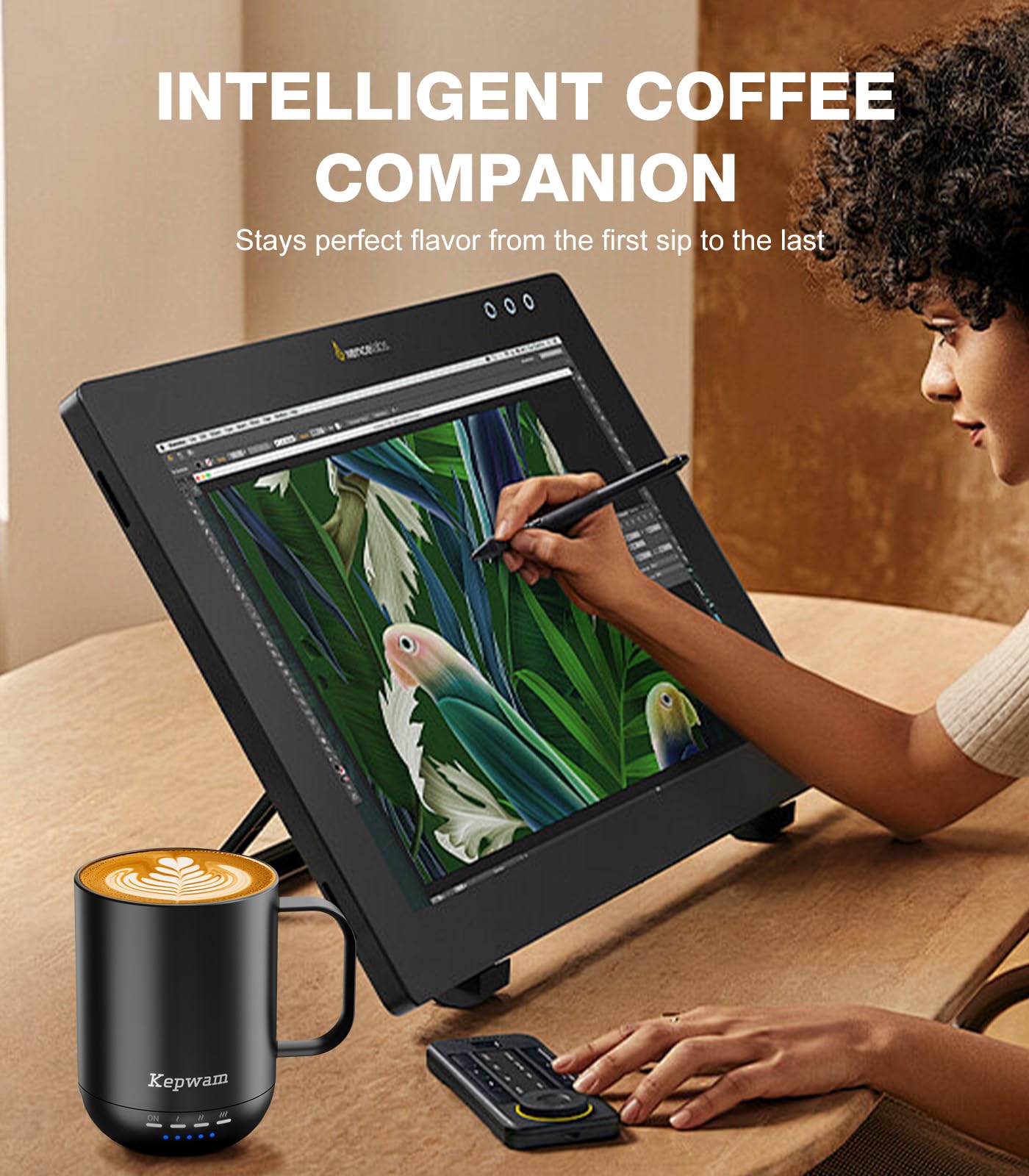 Kepwam Self Heating Coffee Mug 14Oz, Smart Temperature Control Coffee Mug, Hot Up To 149? With 180 Min Battery Life - Touch & Ap