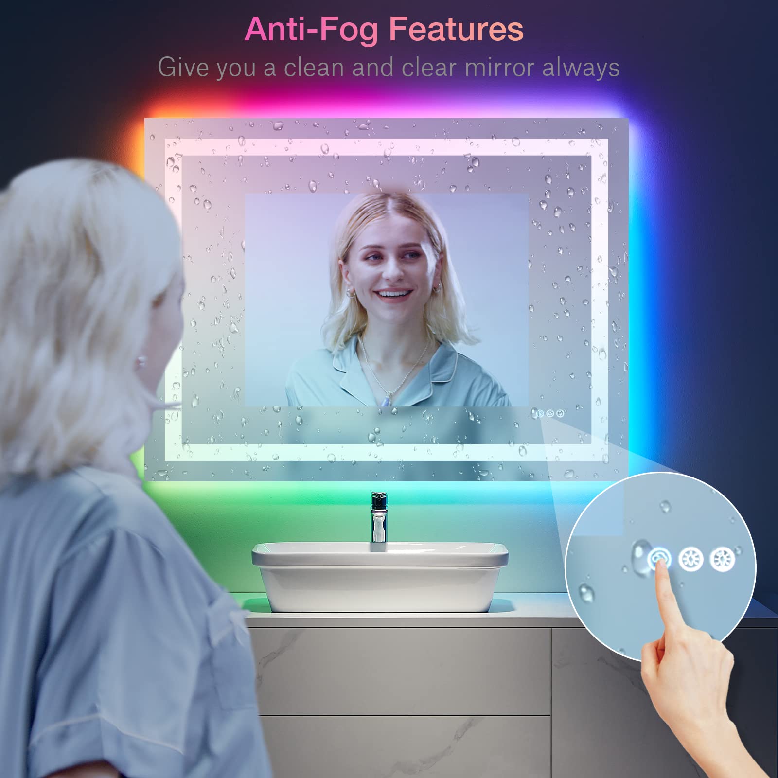 LOAAO 48''X36'' LED Bathroom Mirror with Lights  Anti-Fog  Dimmable  RGB Backlit + Front Lighted  Bathroom Vanity Mirror for Wall  Memory Function